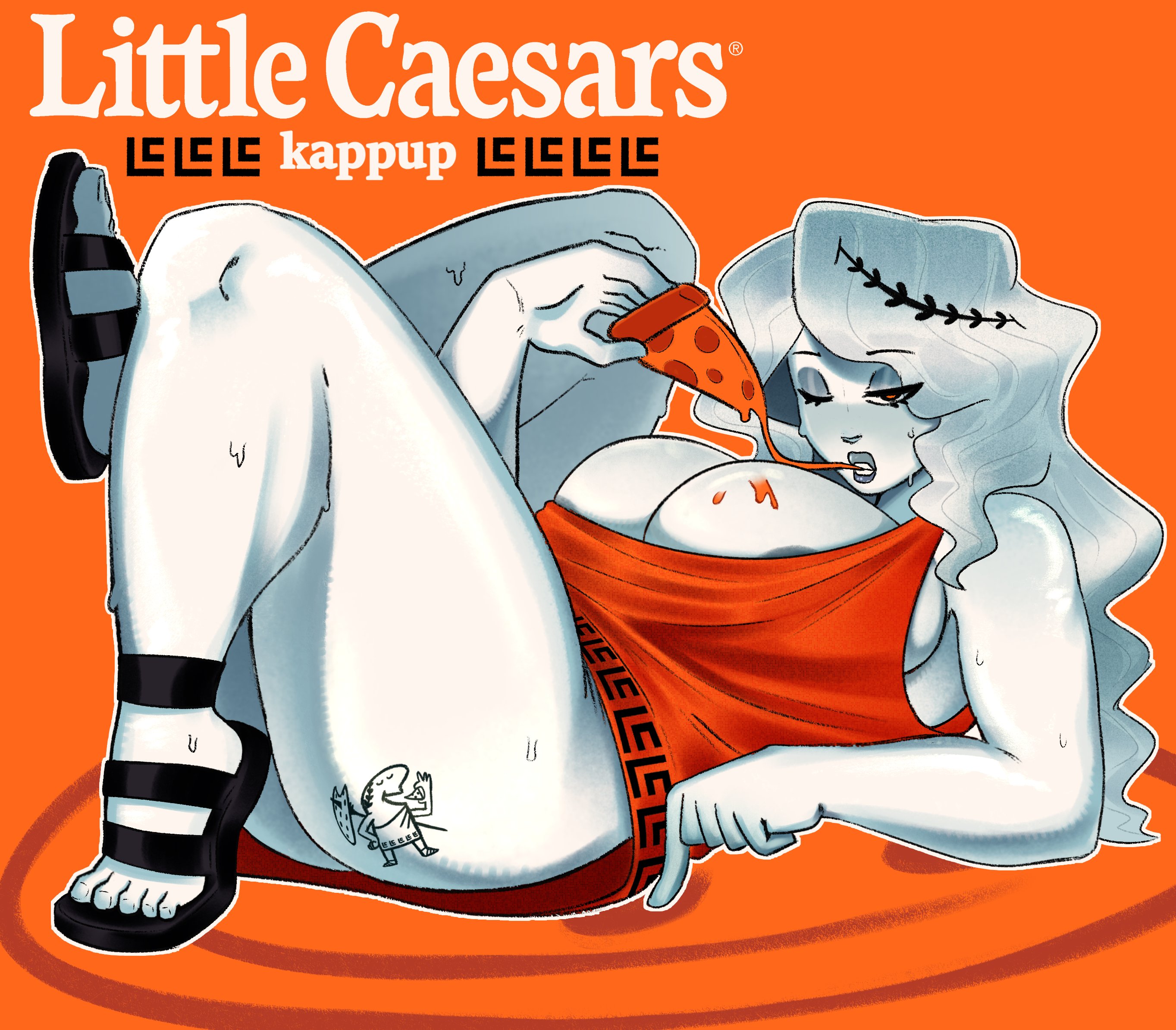 1girls, absurd res, absurd resolution, absurdres, areola, areola peek, areola slip, areolae, areolae slip, ass, ass tattoo, bare shoulders, bedroom eyes, big breasts, big cleopatra, breasts, busty, butt tattoo, cleavage, curvaceous, curvy, curvy female, curvy figure, dress, eyelashes, female, female focus, female only, food, half-closed eyes, hi res, high resolution, highres, huge breasts, kappup, large breasts, laying down, laying on back, laying on ground, light skin, light-skinned female, little caesars, long eyelashes, long hair, lying, lying on back, lying on ground, mascot, narrowed eyes, orange eyes, orange theme, pizza, pizza slice, pose, posing, roman, seductive, seductive eyes, seductive look, seductive pose, simple background, solo, solo female, solo focus, tagme, tattoo, tattoo on ass, thick thighs, thighs, voluptuous, voluptuous female, white body, white skin, white-skinned female, wink, winking at viewer