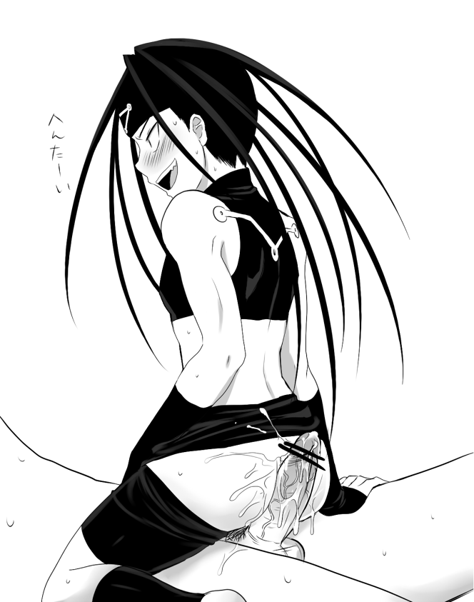 2boys androgynous ass back black_hair blush blushing bussy censored cum envy envy_(fma) femboy fullmetal_alchemist headband hiroshi_(kitaro) homunculus long_hair male midriff monochrome open_mouth outercourse penis skin_tight skirt sleeveless straddling sweat tattoo trap yaoi