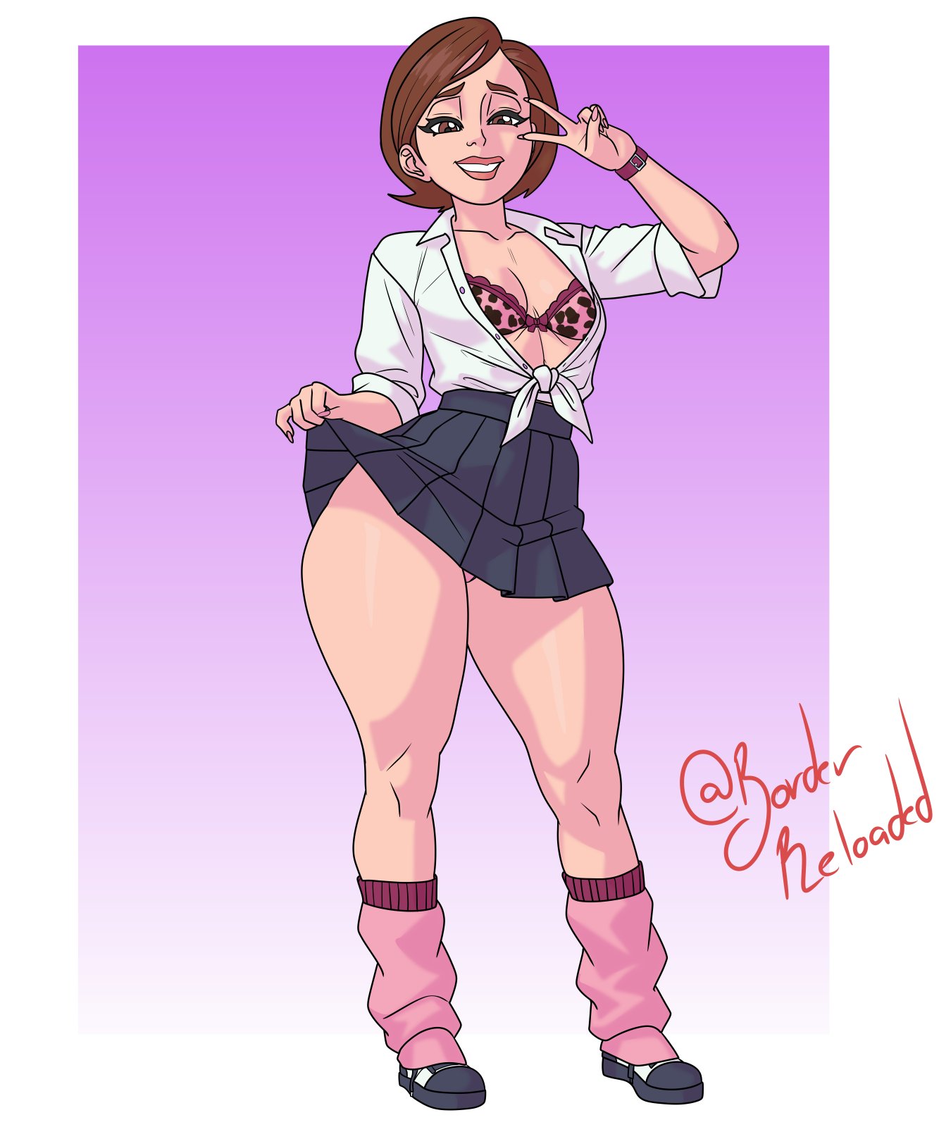 2d, borderreloaded, bra, busty, elastigirl, female, female focus, female only, full body, gyaru, helen parr, hourglass figure, milf, pink bra, pixar, school uniform, schoolgirl, standing, tagme, the incredibles, wide hips