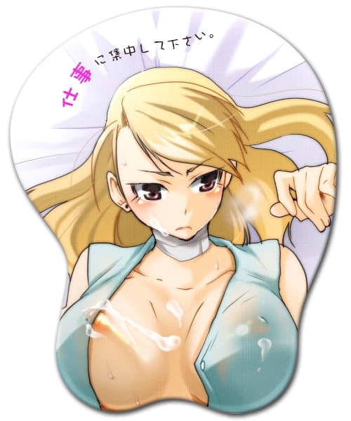 1girls areolae blush boob_mousepad breasts brown_eyes cleavage cum cum_on_breasts female fullmetal_alchemist human large_breasts long_hair mousepad nipples oppai_mouse_pad riza_hawkeye solo sweat takehide text