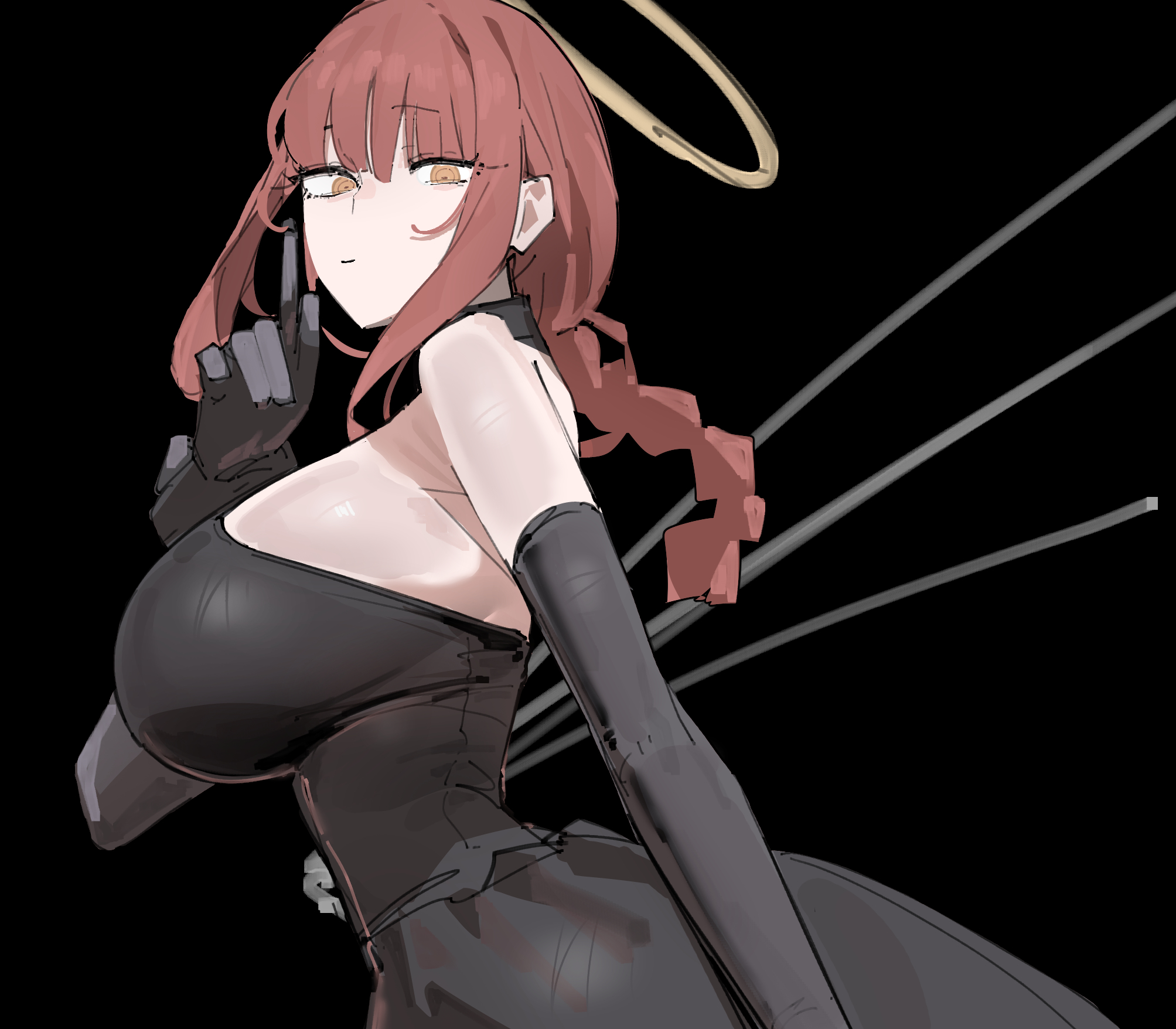 :/, 1girls, alternate breast size (larger), azz0422, backless outfit, bare back, bare shoulders, big breasts, black background, black dress, black gloves, blunt bangs, braid, braided ponytail, breasts, chainsaw man, commentary, dress, elbow gloves, english commentary, evening gown, eyelashes, female, female only, fully clothed, gloves, halo, highres, huge breasts, looking at viewer, looking down, looking to the side, makima (chainsaw man), orange eyes, raised eyebrows, red hair, ringed eyes, sidelocks, simple background, sleeveless, sleeveless dress, solo