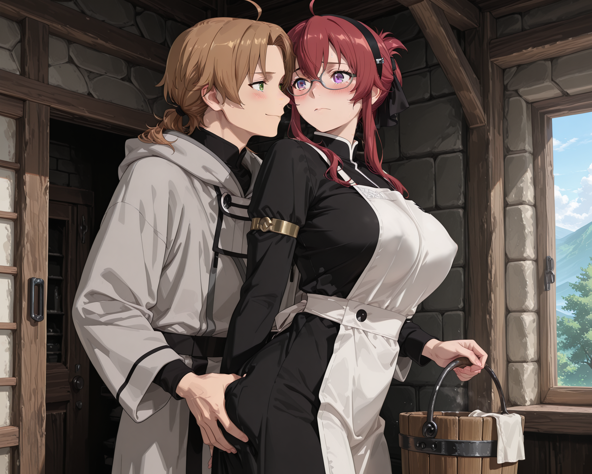 1boy, ai generated, apron, ass grab, blonde hair, cleaning, day, dress, embarrassed, female, gabrail, glasses, green eyes, hair up, hairband, light brown hair, lillia greyrat, long hair, maid, molestation, mushoku tensei, mushoku tensei: isekai ittara honki dasu, purple eyes, red hair, robe, rudeus greyrat