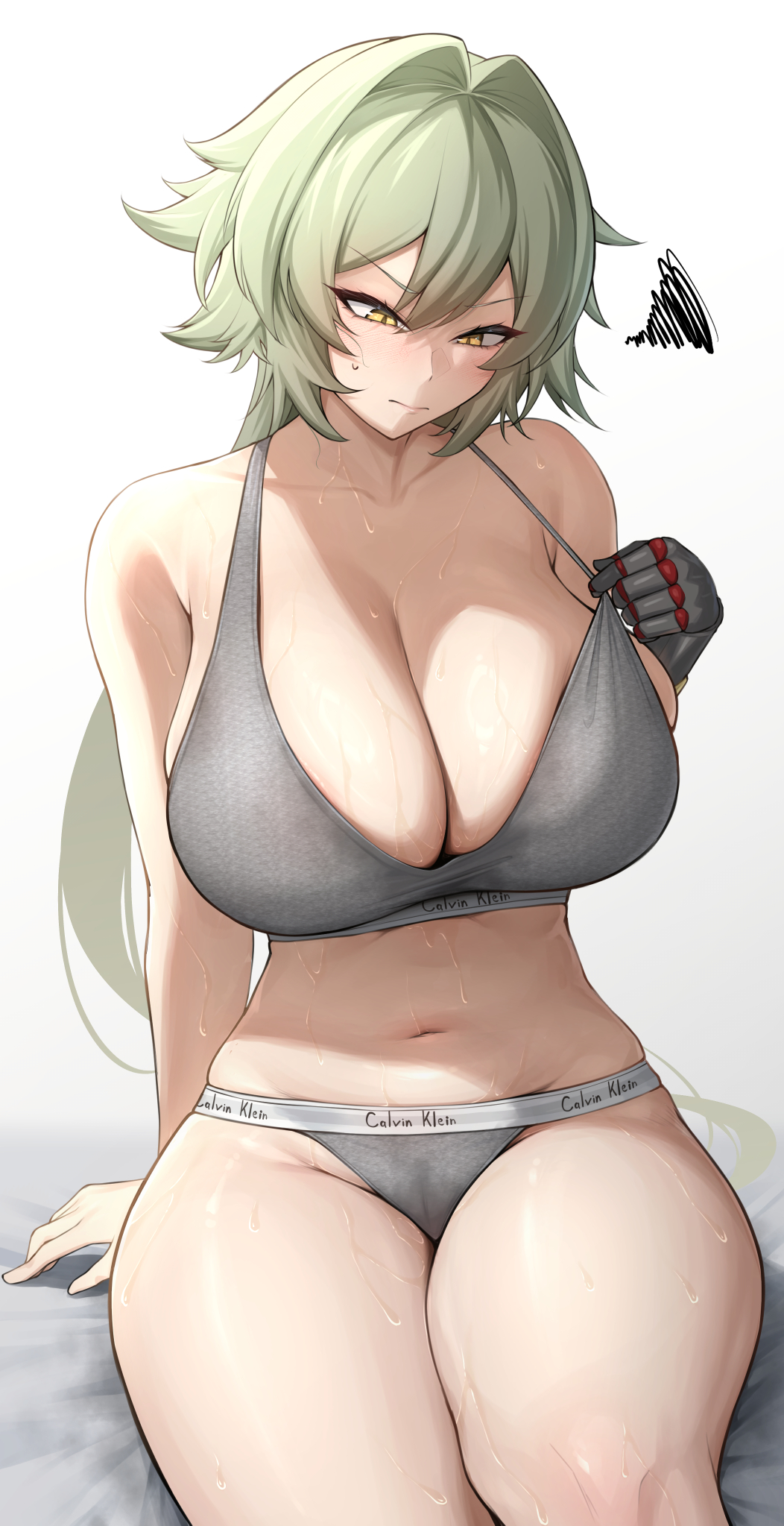 bra, breasts, caesar king, caesar king (zenless zone zero), calvin klein, closed mouth, collarbone, female, female only, gradient background, green hair, grey background, grey bra, grey panties, highres, huge breasts, long hair, looking down, mechanical arms, mikage 77777, navel, panties, solo, sweat, underwear, underwear only, yellow eyes, zenless zone zero