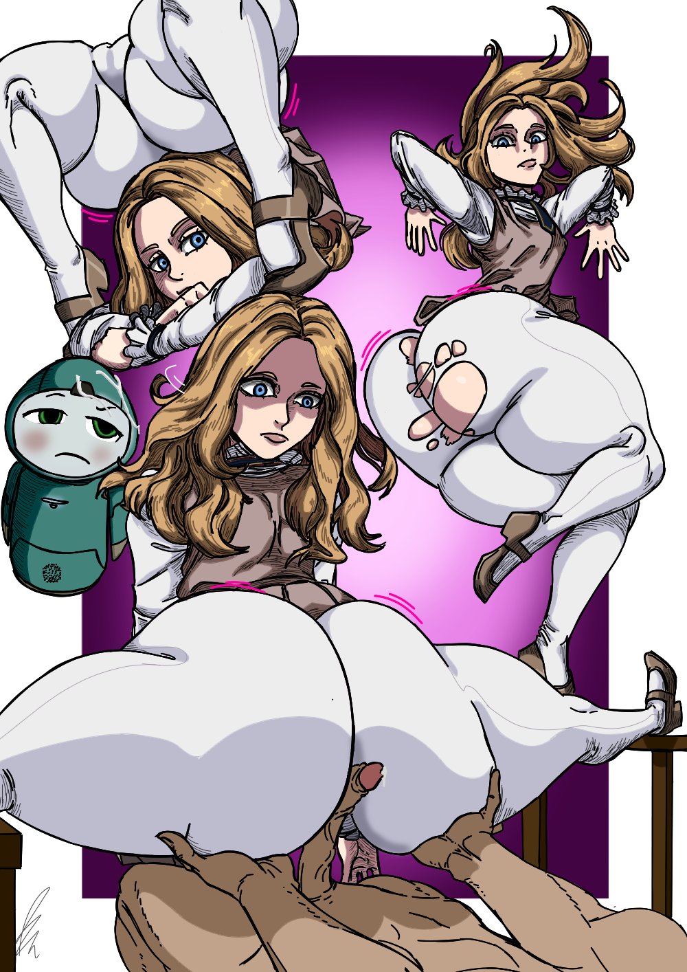 1boy, 1girls, ass, ass focus, ass job, assjob, balls, bendraws, blonde hair, blue eyes, cum, cum on face, doll, doll girl, erection, female humiliation, flexible, huge ass, human on robot, looking at another, looking back, m3gan, m3gan (film), m3gan 2.0, nude, nude male, penis, penis rubbing ass, precum, ripped stockings, robot, robot girl, rubbing penis, rubbing penis on ass, socks, white socks, you