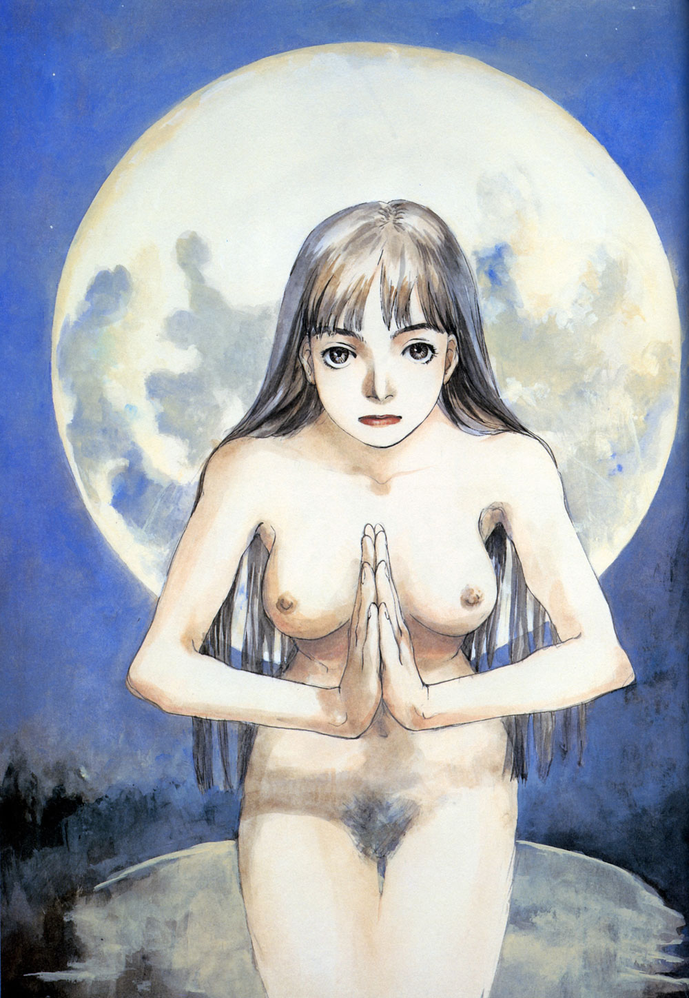 1girls armpits breasts brown_eyes brown_hair female full_moon highres long_hair looking_at_viewer moon night nipples original pubic_hair reflection salutation sky solo tsuruta_kenji water