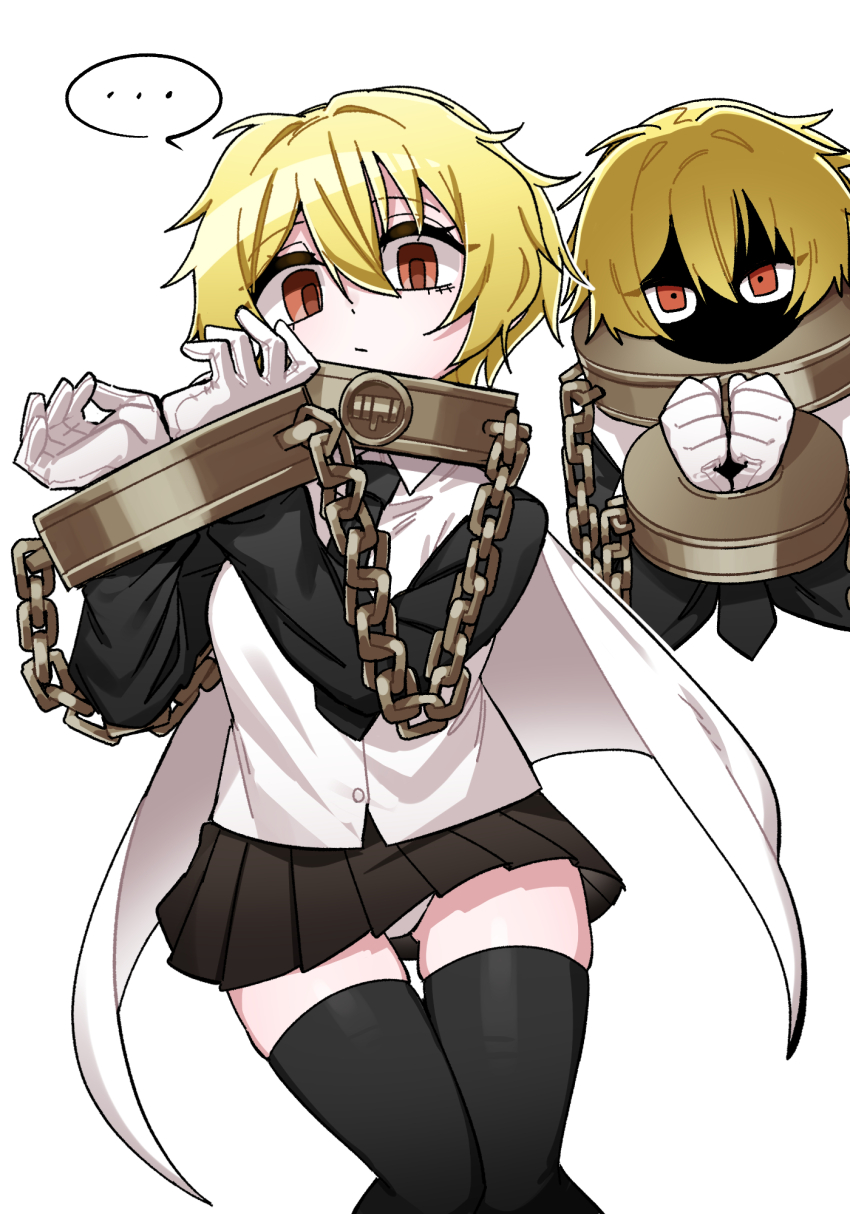 1girl, black necktie, black skirt, black thighhighs, blonde hair, brown eyes, cape, chain, chained, chained wrists, collar, commentary request, cuffs, cuffs-to-collar, don quixote (limbus company), eyes in shadow, face in shadow, fey (whitepaper), gloves, gluteal fold, hair between eyes, handcuffs, highres, index (identity) (project moon), index don quixote, korean commentary, limbus company, multiple views, necktie, panties, pleated skirt, project moon, shaded face, simple background, skirt, spoken ellipsis, thighhighs, underwear, white background, white cape, white gloves, white panties