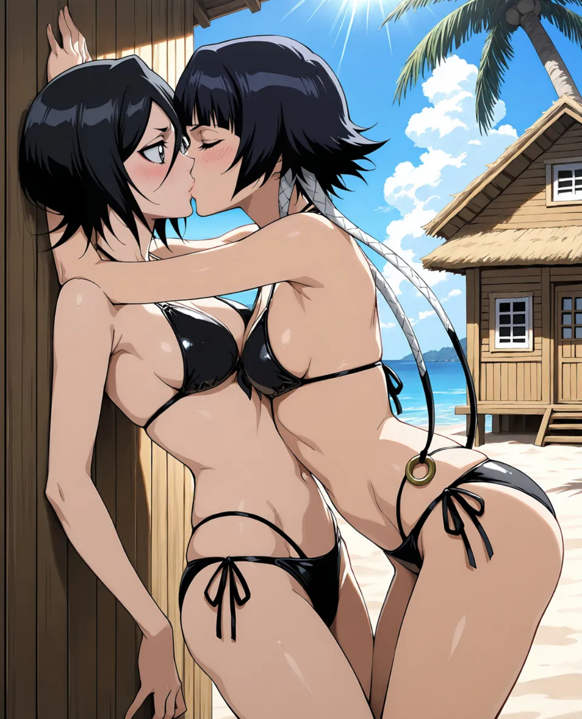 against wall, ai, ai generated, black hair, bleach, bleach: the thousand-year blood war, bodies pressed together, female/female, flat chest, island, kuchiki rukia, lesbians, lesbians kissing, part of a set, petite, petite female, short hair, side view, sideboob, small breasts, sui-feng, yuri