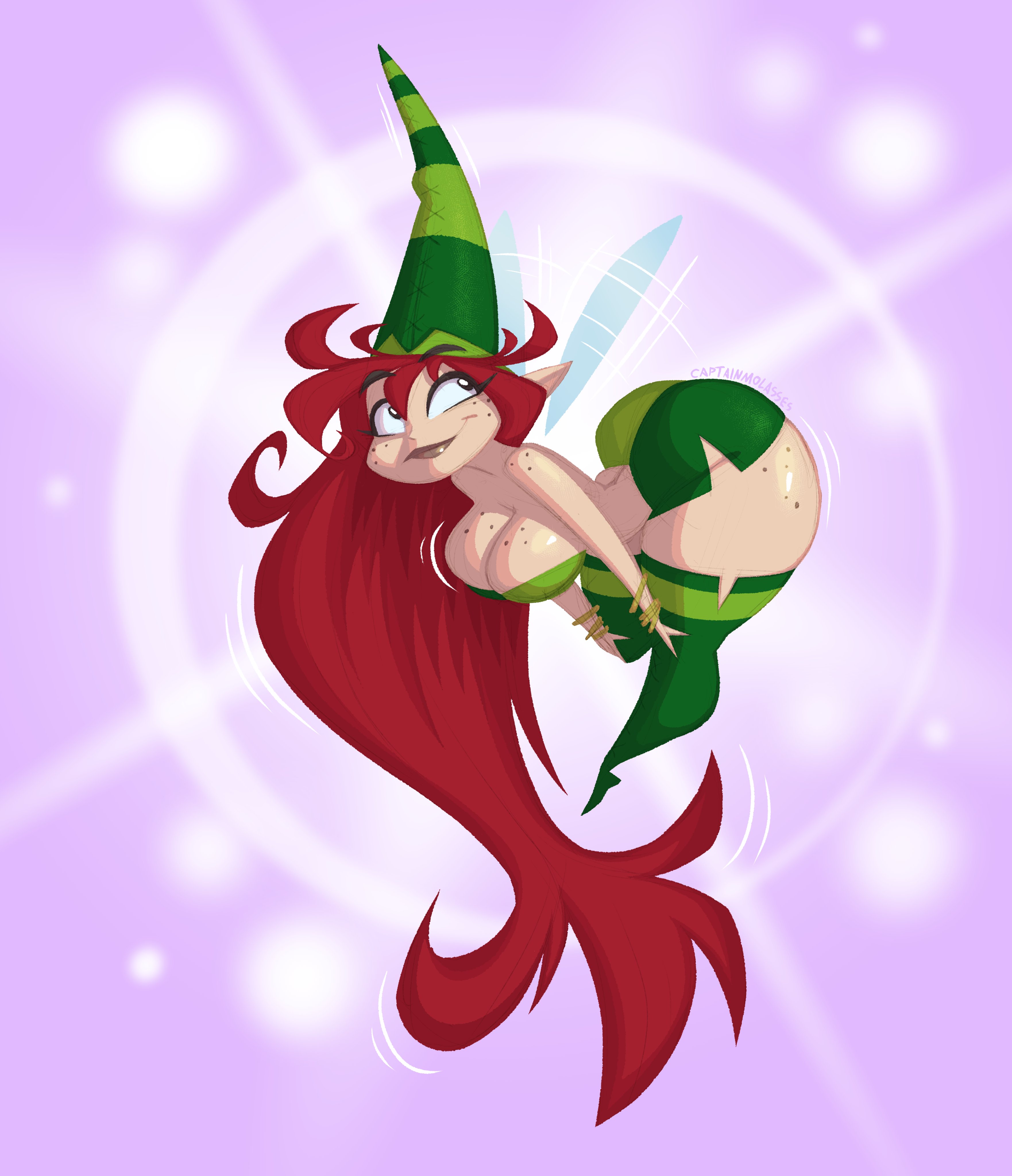 1girls, 2020, 2026, 2026s, anniversary, bent forward, bent over, betilla (rayman), captainmolasses, curvaceous, curvy, curvy figure, digital drawing (artwork), digital media (artwork), freckles, freckles on breasts, freckles on face, green clothes, green clothing, hands on legs, hourglass figure, hourglass figured female, jpg, long hair, nymph (rayman), pink background, rayman (series), rayman legends, rayman origins, red hair, shiny, shiny skin, simple background, slim thick, slim waist, smile, solo, solo female, solo focus, twitter link, wings