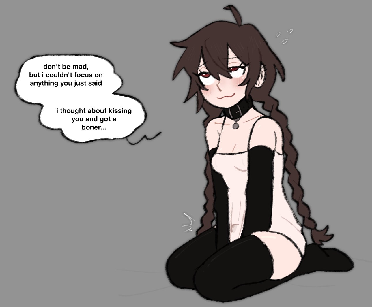 :3, 1dickgirl, akemi akai, boots, bottomless, braided hair, braids, breasts, choker, clothed, clothing, collar, dialogue, dickgirl, dress, elbow gloves, erection under clothes, flustered, fully clothed, futanari, gloves, kneehighs, kneeling, nightgown, precum, precum through clothing, premature ejaculation, pupn1k, small breasts, tagme, thigh boots, thighhighs