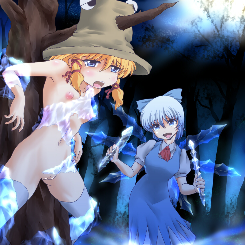 2girls blonde_hair blue_eyes blue_hair bondage bound bound_arms bound_legs bound_to_tree bound_torso bow breasts cirno clothed_female_nude_female dildo dress eyes female female_only femdom femsub forest hairbow hat helpless ice ice_bondage ice_dildo imminent_rape multiple_girls nipples nude open_mouth pussy pyonta restrained short_hair small_breasts stuck_in_ice suwako_moriya thighhighs touhou tree trees uncensored wancozow white_legwear white_thighhighs wings