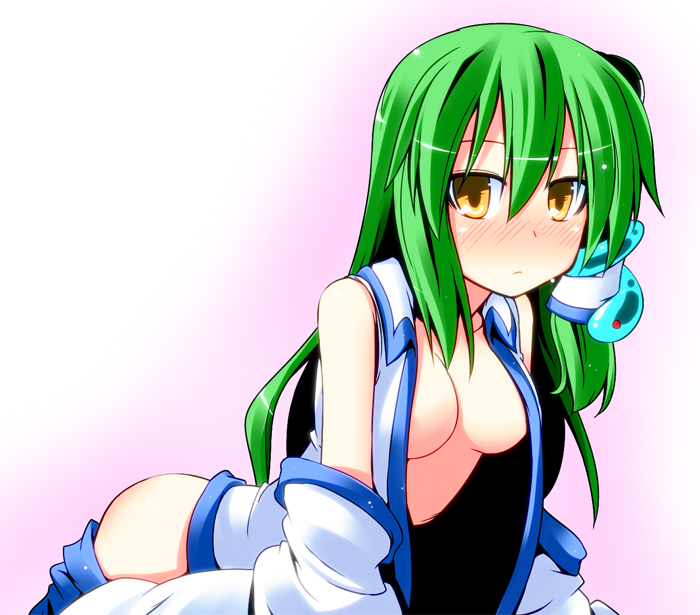 ass breasts detached_sleeves female green_hair hair_ornament ichimi no_bra no_panties open_clothes sanae_kochiya snake solo touhou yellow_eyes