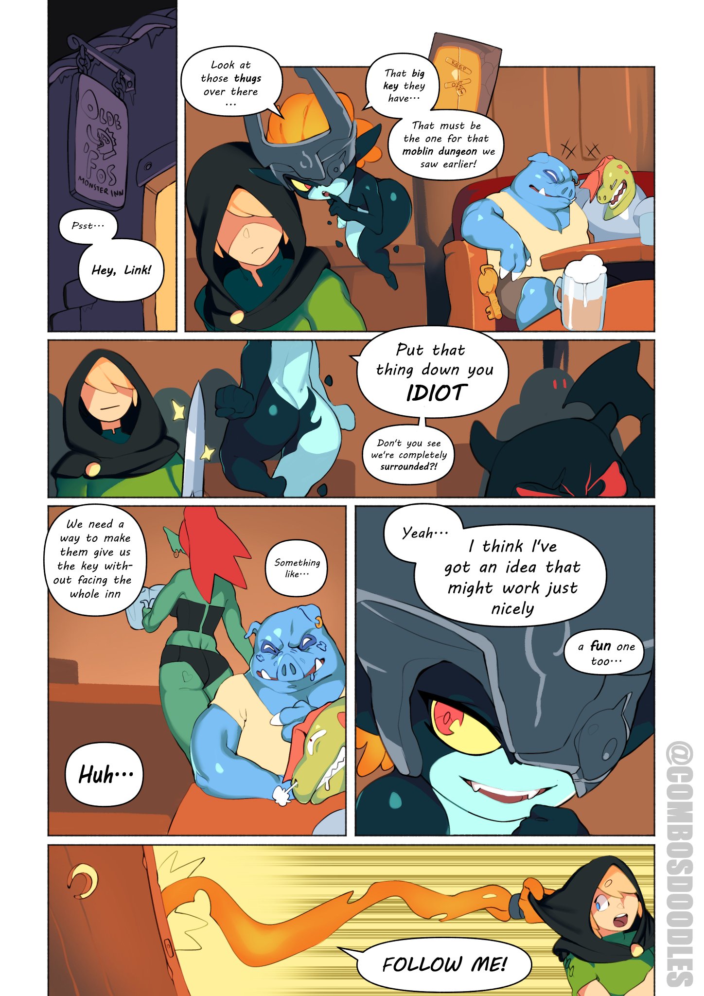 2girls, 3boys, angry, big butt, combos-n-doodles, comic, dialogue, english text, fishgirl, floating, imp, imp midna, link, lizardman, midna, multiple boys, sfw, shortstack, sword, the legend of zelda, twilight princess