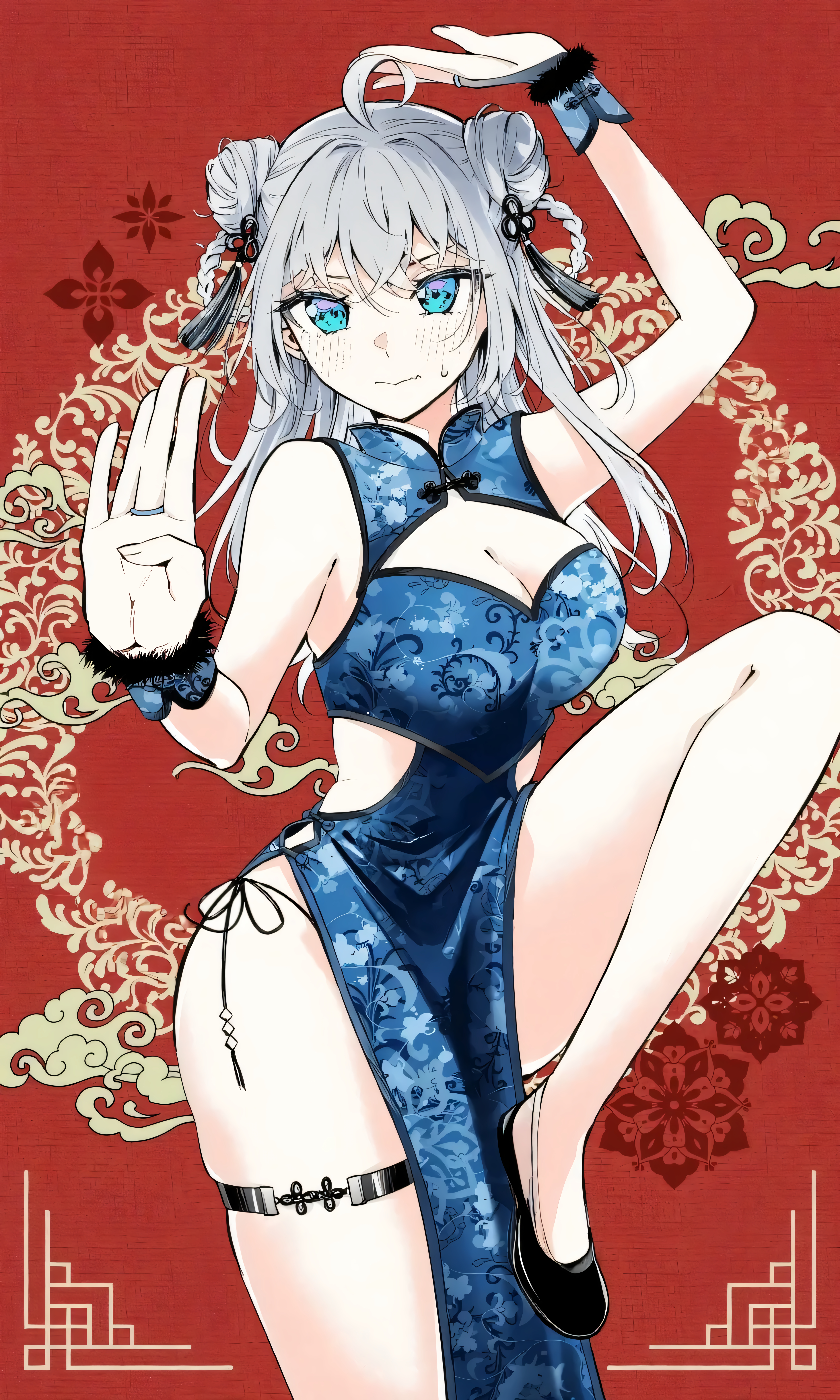 alisa mikhailovna kujou, blue dress, blue eyes, eyebrows visible through hair, eyelashes visible through hair, hands up, large breasts, leg up, legs, looking at viewer, makeup, shy, teenage girl, thin neck, thin waist, tokidoki bosotto russian de dereru tonari no alya-san, white hair