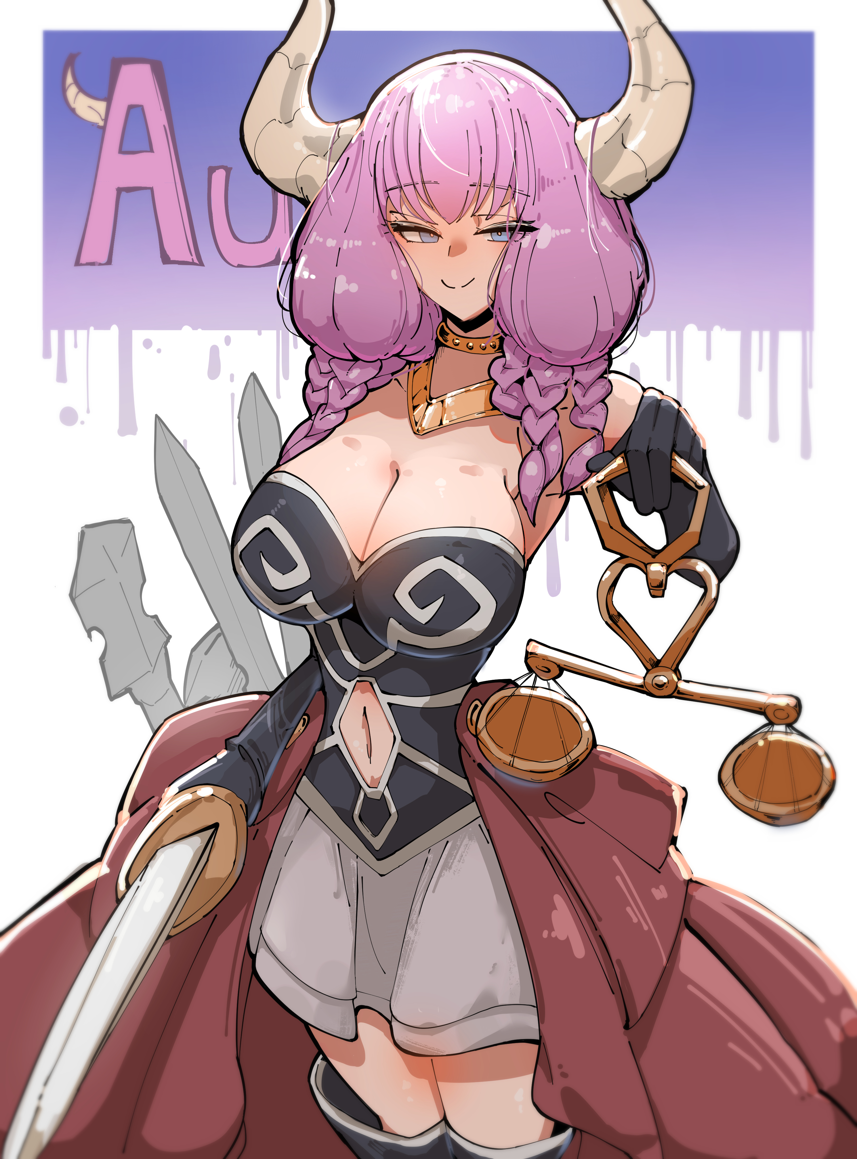absurdres, armpits, aura (sousou no frieren), azz0422, black gloves, blue eyes, border, braid, breasts, character name, cleavage, closed mouth, clothing cutout, commentary, demon girl, diamond cutout, female, female only, gloves, highres, holding, holding sword, holding weapon, horns, large breasts, long hair, multiple braids, navel, navel cutout, purple hair, smile, solo, sousou no frieren, standing, sword, weapon, weighing scale, white border