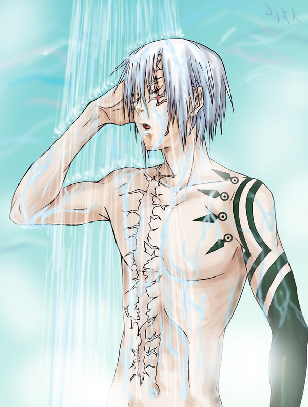 1boy allen_walker bathing d.gray-man hair human male male_only muscle noskillch scar shower solo tattoo water wet white_hair