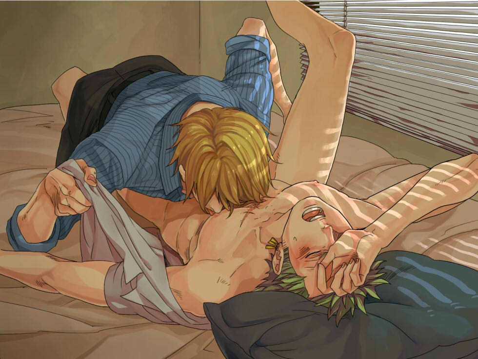 2boys, arched back, bed, bed sheet, black pants, blonde hair, blush, bottomless, closed eyes, clothed male nude male, cmnm, earrings, gay, green hair, heavy breathing, human, jewelry, leg lift, leg up, legs held open, licking, male, male only, nipple licking, nipples, on back, one leg up, one piece, open mouth, pillow, pinstripe pattern, roronoa zoro, scar, straight hair, toned, toned male, tongue, undressing, vinsmoke sanji, yaoi, yuu (1969loy)