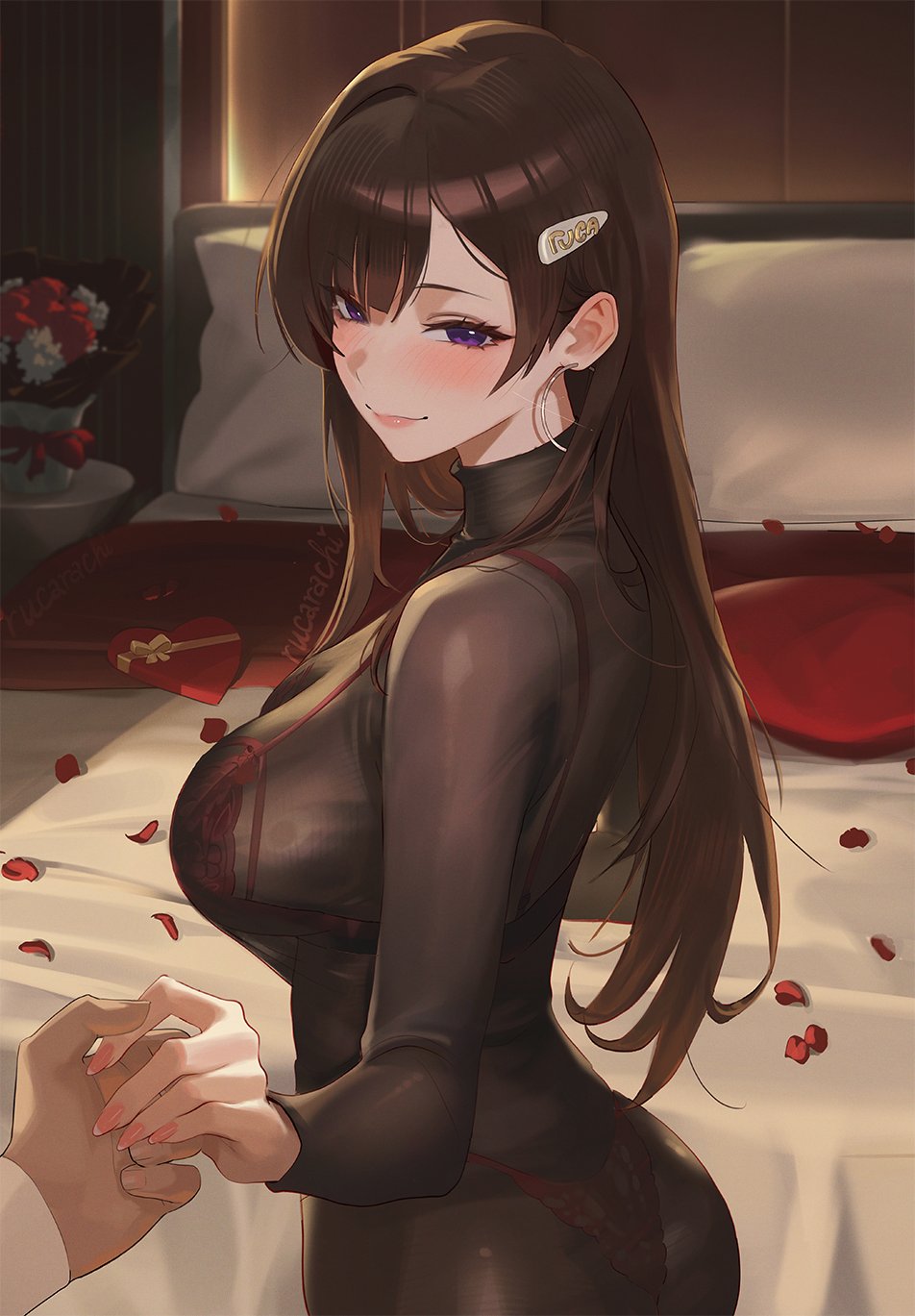 1boy, bed, black hair, bra, bra visible through clothes, breasts, commentary, earrings, english commentary, female, hair ornament, hairclip, highres, holding hands, hoop earrings, indoors, jewelry, large breasts, long hair, looking at viewer, original, paid reward available, panties, panties visible through clothes, petals, pov, pov hands, purple eyes, red bra, red panties, rose petals, ruca (rucarachi), rucarachi, smile, underwear