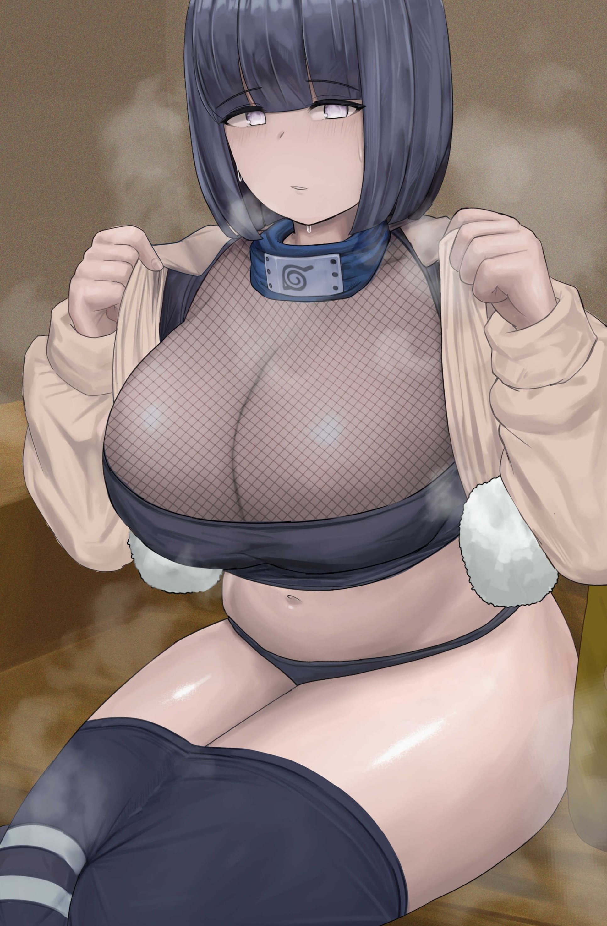 absurdres, alternate breast size (larger), blue panties, boruto: naruto next generations, breast slip, breast suppress, breasts, commentary, female, female only, highres, hyuuga hinata, jacket, large breasts, naruto (classic), naruto (series), nervous sweating, osukareen, panties, revealing clothes, steam, sweat, underwear, uzumaki hinata