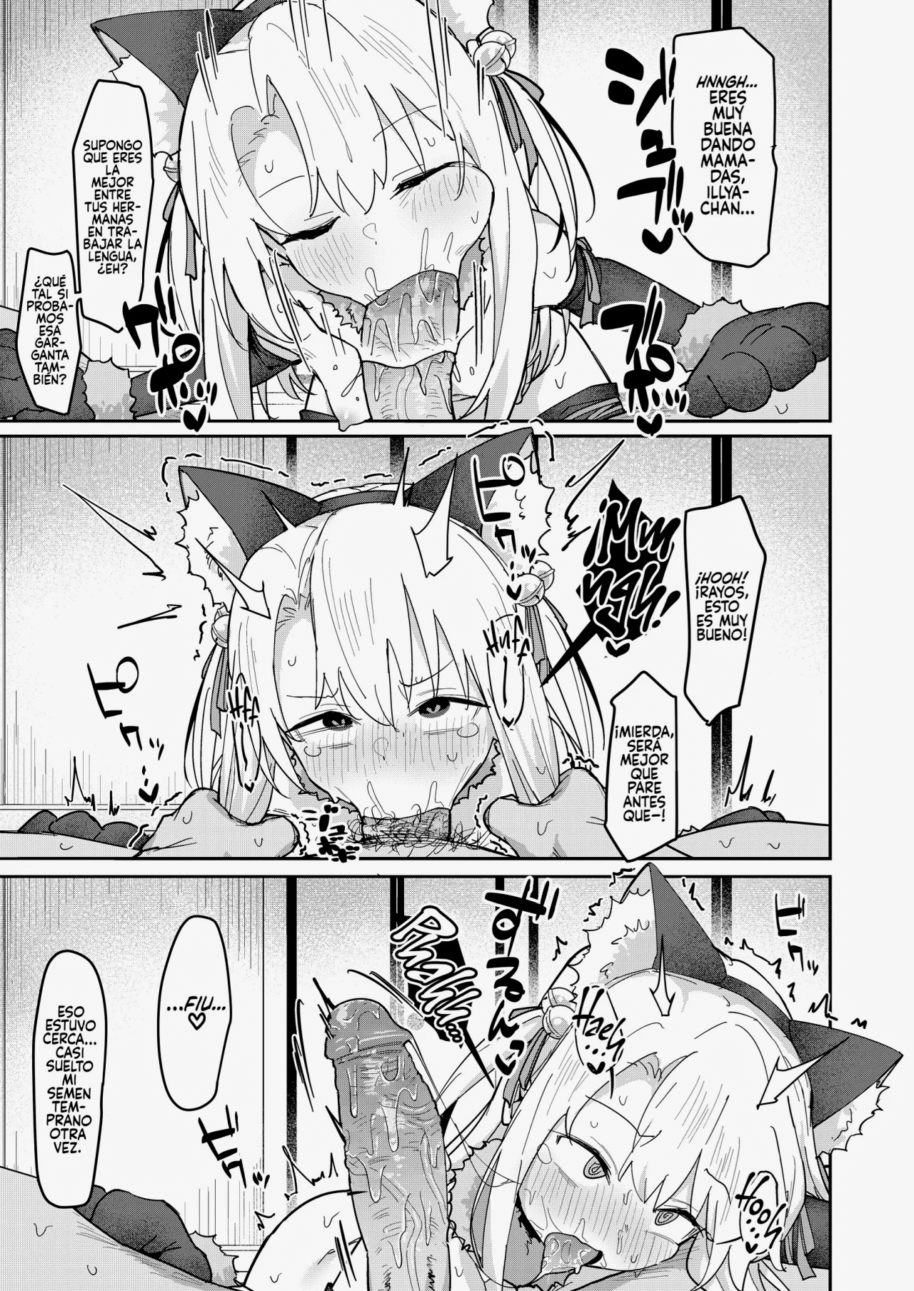 1girls, blowjob, cat ears, deep penetration, deepthroat, face fucking, fate (series), fate/grand order, fate/kaleid liner prisma illya, fellatio, female, female focus, grabbing hair, hair pulling, healthyman, huge cock, illyasviel von einzbern, looking at viewer, looking pleasured, orgasm denial, orgasm face, penis, pov, pov male, saliva on penis, spanish dialogue, spanish text, sucking penis, text, tongue out, translated