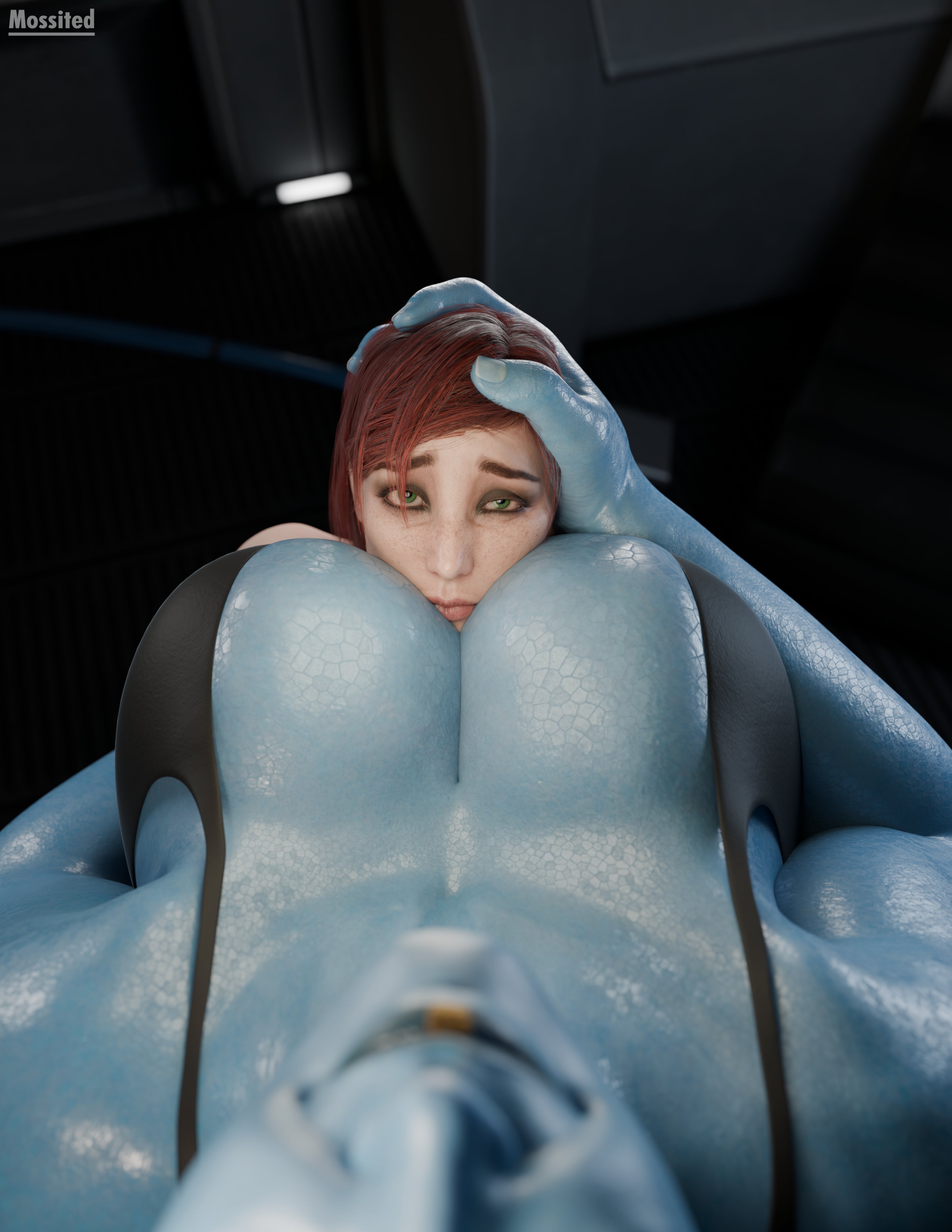 2girls, alien, alien girl, alien humanoid, asari, big breasts, bigger female, blue skin, blue skinned female, breasts, commander shepard, femshep, green eyes, green eyes female, height difference, human, human female, large boobs, large breasts, larger female, light skin, light-skinned female, mass effect, mossited, red hair, red hair female, redhead female, shepard, shorter female, size play, smaller female