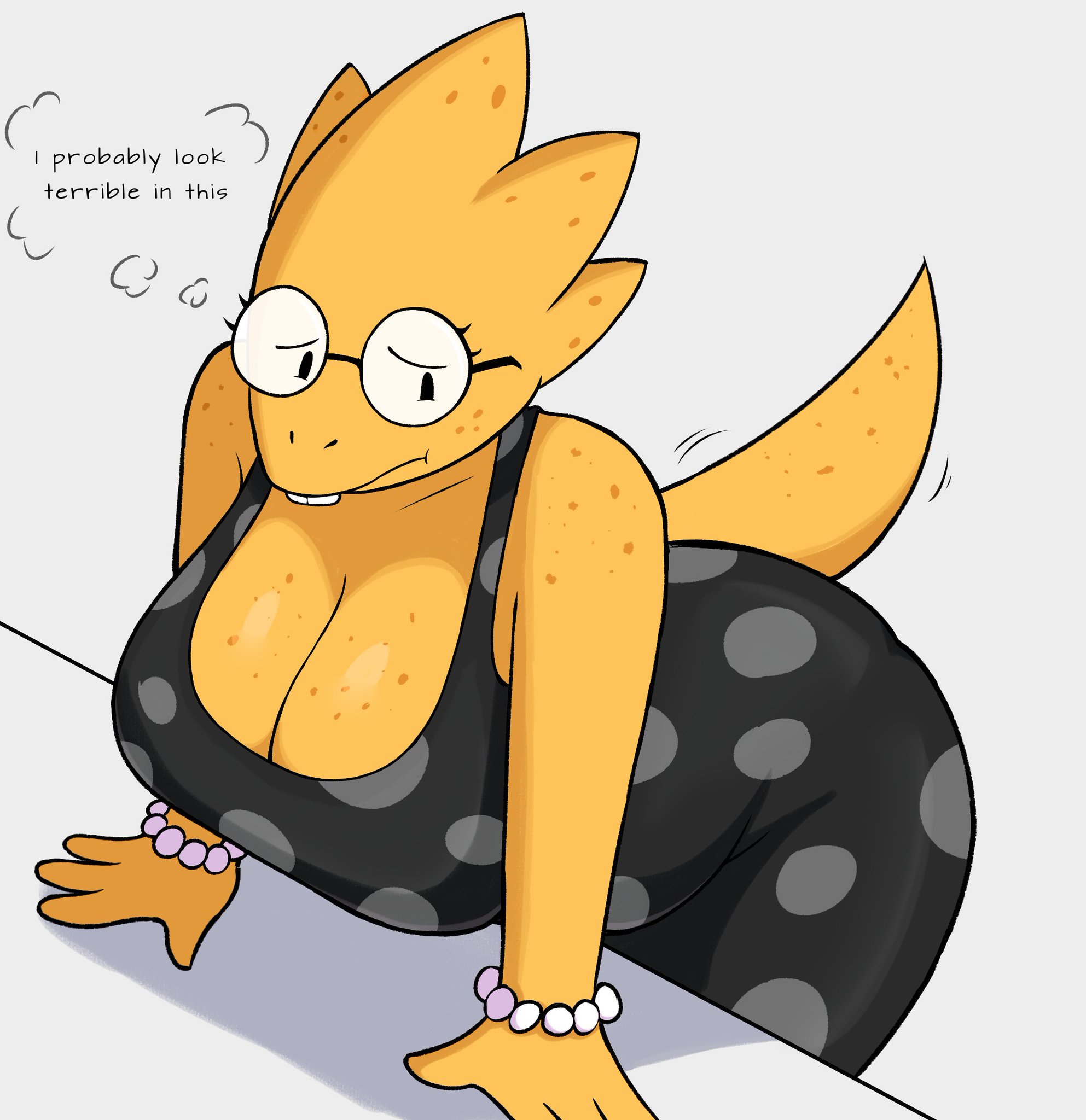1girls, alphys, anthro, bbw, big ass, big breasts, big cleavage, bubble butt, chubby, cleavage, deltarune, dress, furry, overboob, scalie, sketchfins, solo, solo female, solo focus, undertale, undertale (series)