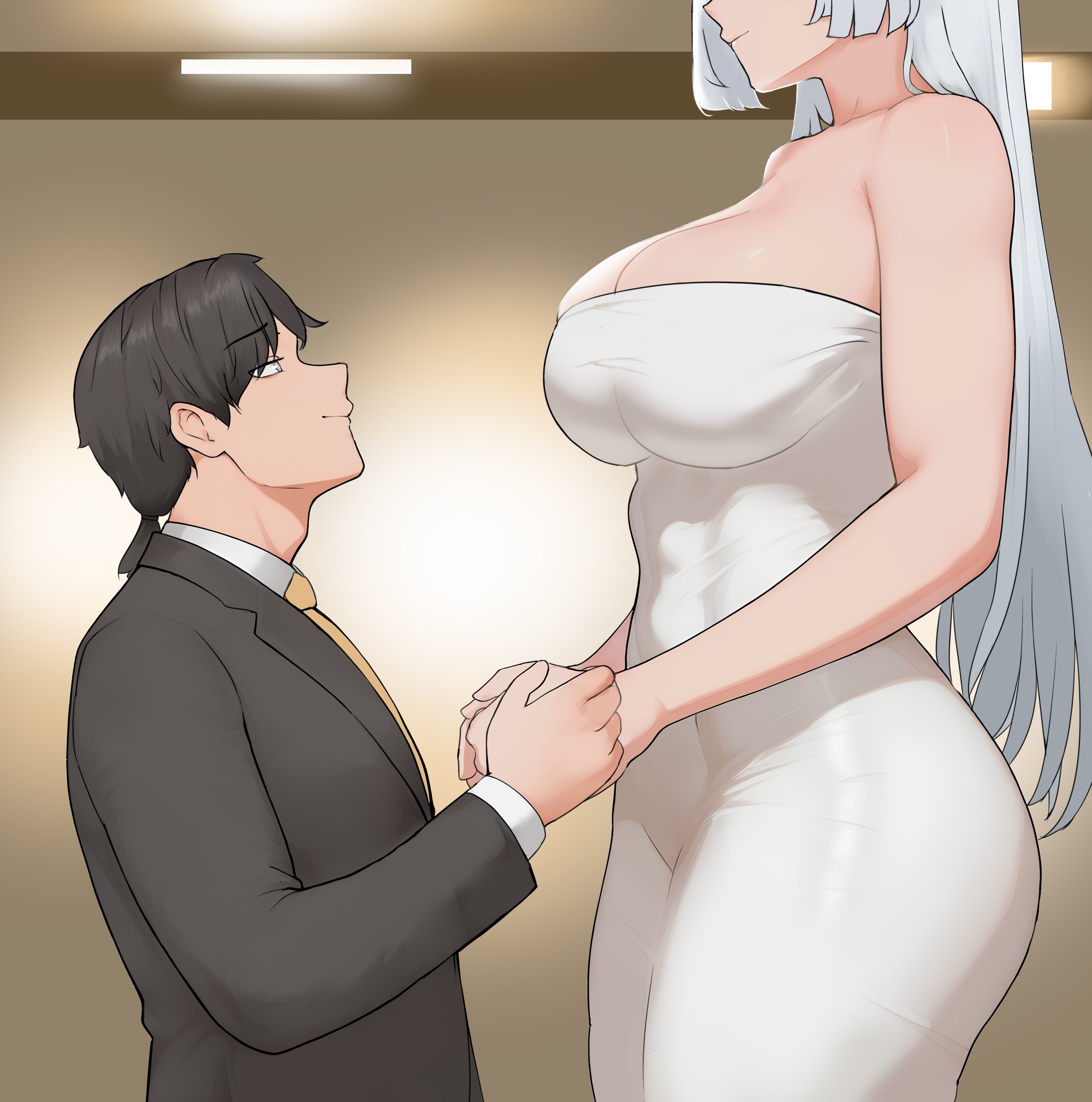 1boy, 1girls, ak-15 (girls' frontline), big boobs, big breasts, bigger female, black hair, black hair male, boobs, boy, breasts, clothed, clothed female, clothed male, commander (girls' frontline), couple, couple (romantic), girl, girls' frontline, girls' frontline 2: exilium, godon146, height difference, large boobs, large breasts, larger female, light skin, light-skinned female, light-skinned male, married couple, size difference, taller female, voymastina (girls' frontline 2), white hair, white hair female