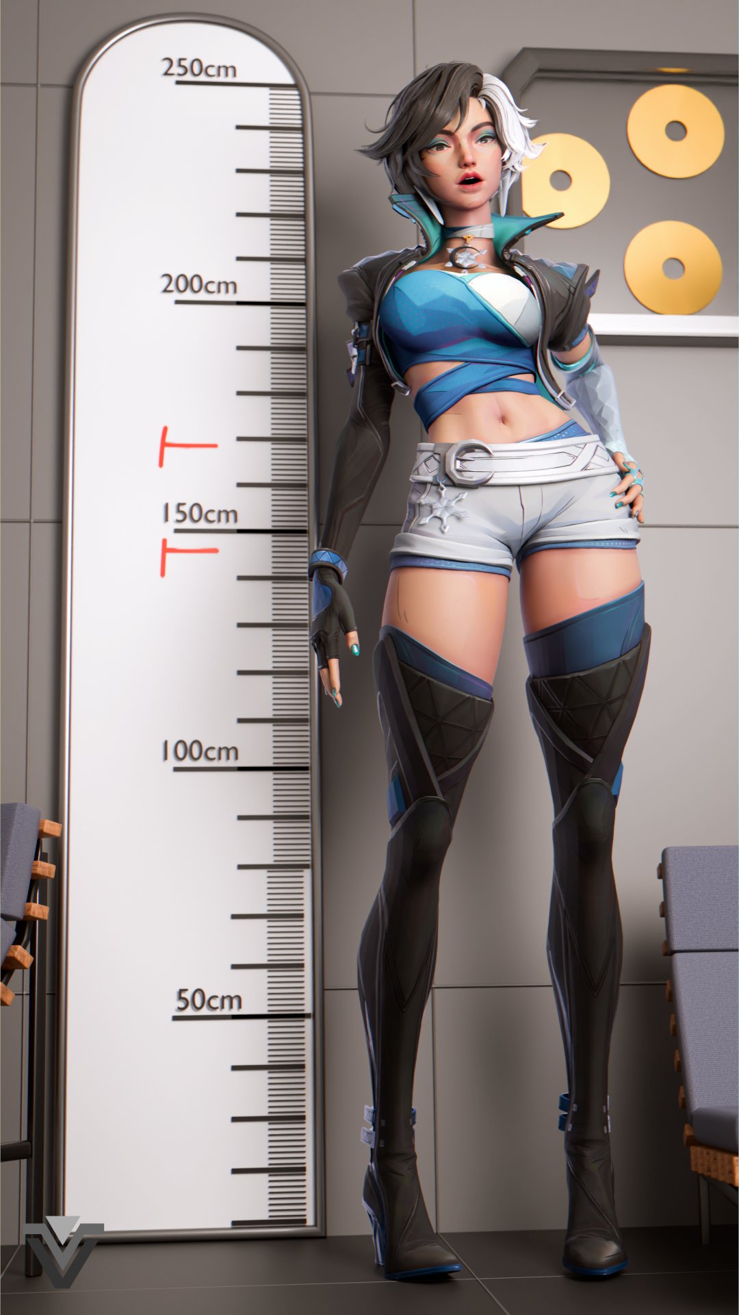 3d, asian, asian female, black hair, black hair female, female, female focus, female only, giantess, height chart, ivelacia, korean, korean female, light skin, light-skinned female, looking at viewer, luna snow, luna snow (marvel rivals), marvel, marvel comics, midriff, mini giantess, multicolored hair, salt and pepper hair, size fetish, tall female, tall girl, tall woman, thick thighs, thighs, tummy, white hair, white hair female