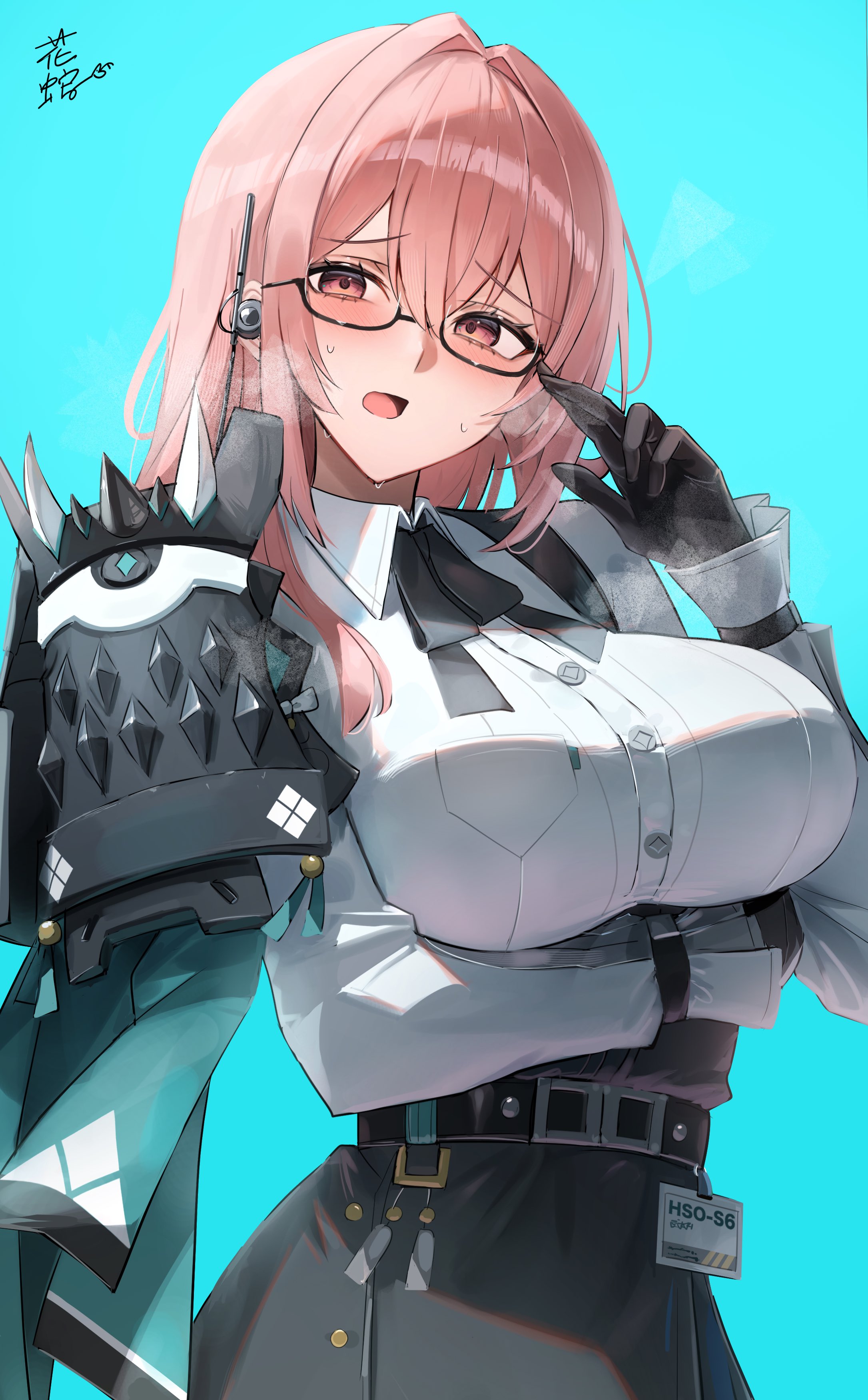absurdres, adjusting eyewear, armor, belt, black belt, black gloves, black skirt, blue background, blush, breasts, earpiece, female, female only, glasses, gloves, hana hebi, high-waist skirt, highres, large breasts, long hair, looking at viewer, open mouth, parted lips, pencil skirt, pink eyes, pink hair, shirt, shoulder armor, skirt, solo, steam, steaming body, sweat, tsukishiro yanagi, white shirt, zenless zone zero