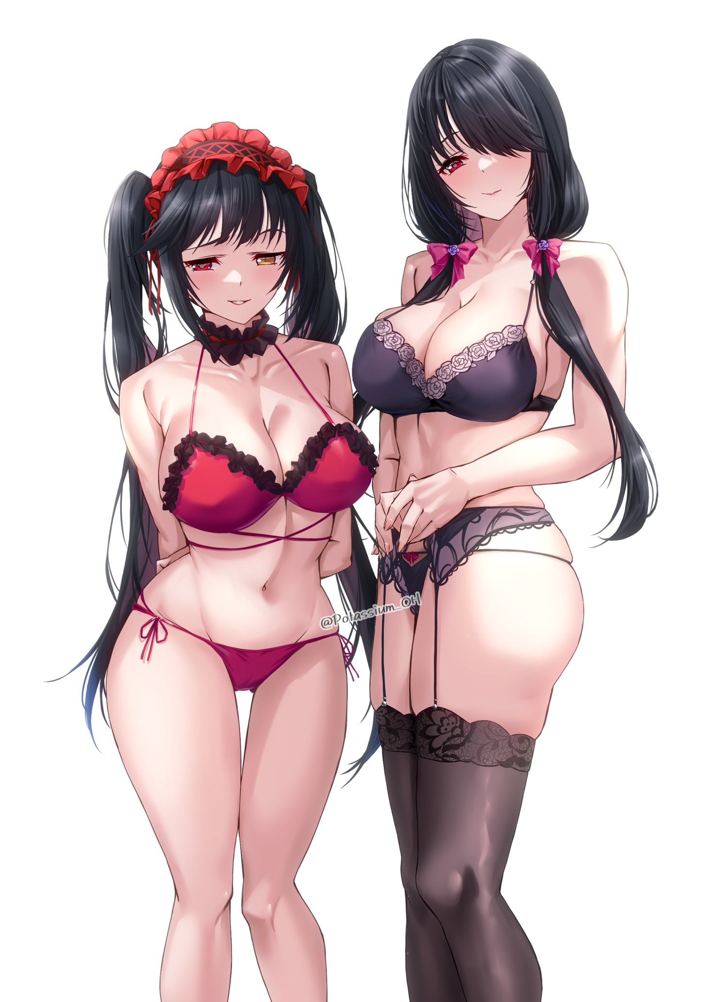 2girls, blush, date a live, height difference, huge breasts, large breasts, multiple girls, naughty face, potassium oh, smile, thick thighs, tokisaki kurumi, tokisaki kurumi (twin rose), wide hips