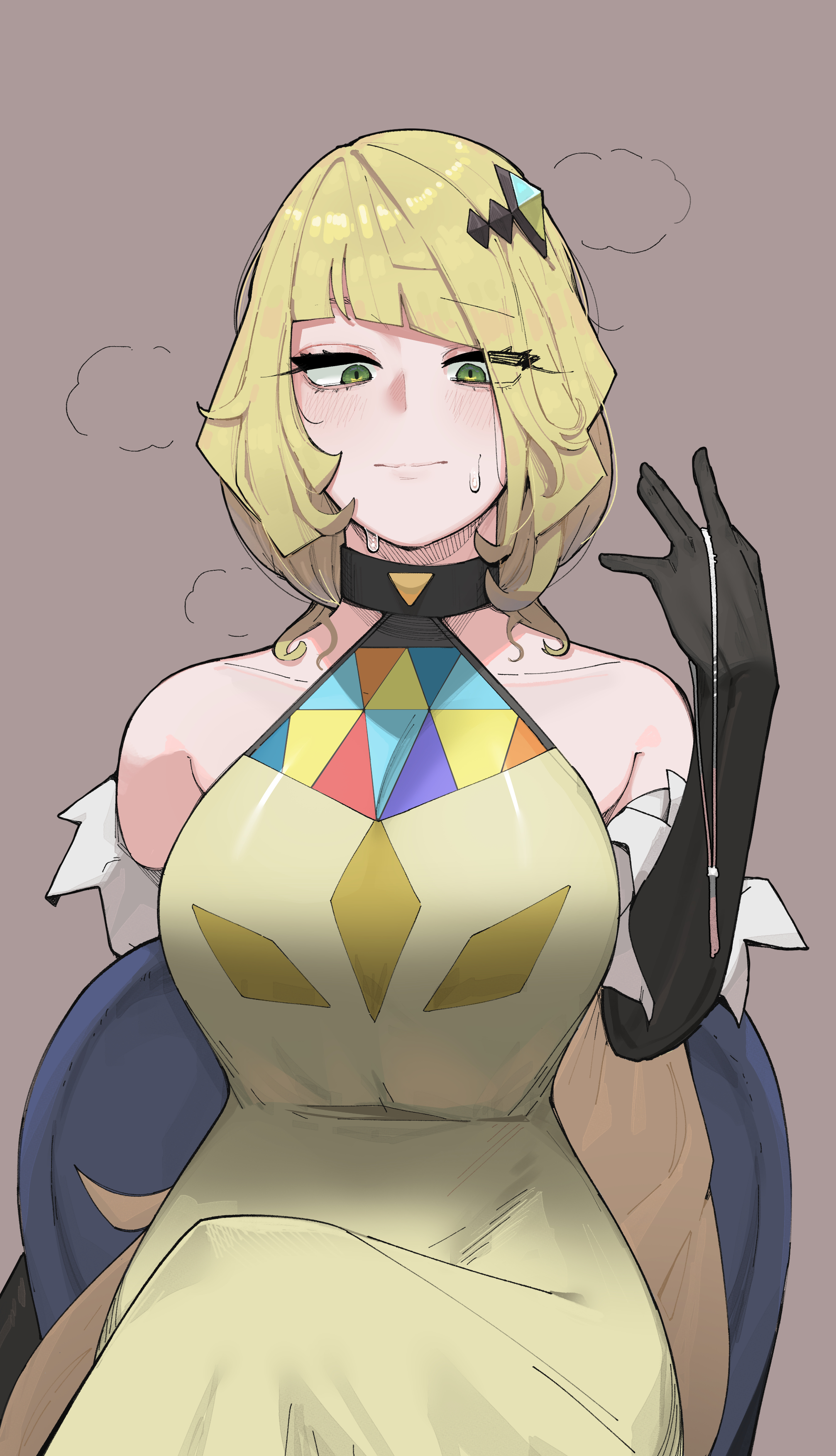 1girls, absurdres, alternate costume, arm behind back, aroused, azz0422, bare shoulders, black choker, black gloves, blonde hair, chair, choker, crossed legs, dress, elbow gloves, female, female only, gloves, green eyes, grey background, hair ornament, highres, light blush, long hair, lusamine (pokemon), nintendo, official alternate costume, official alternate hairstyle, on chair, pokemon, pokemon masters, pokemon masters ex, pokemon sm, shy, sitting, solo, sweat, sweatdrop, sygna suit lusamine, yellow dress