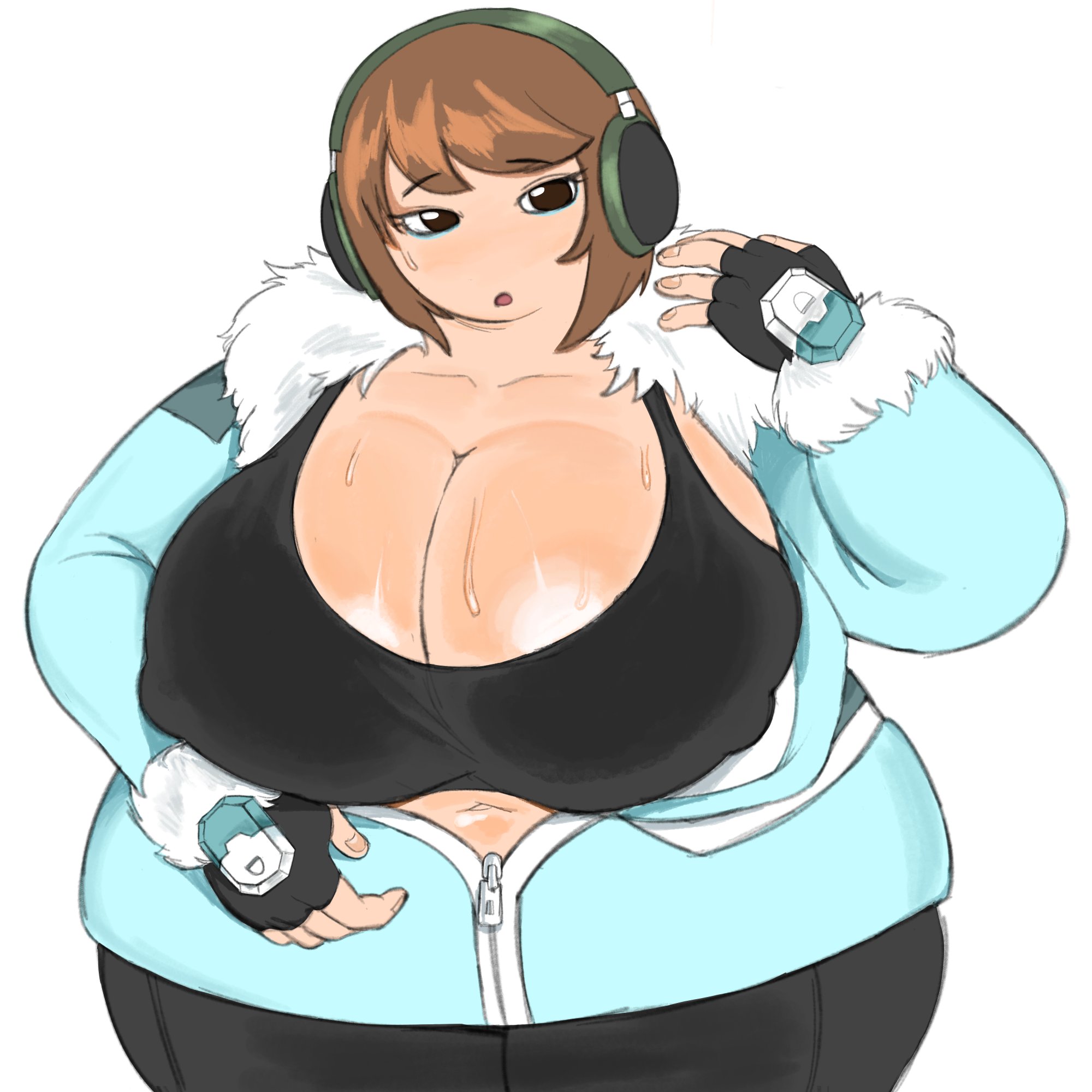 1female, 1girls, 2026, accessories, accessory, bangs, belly, big breasts, black clothing, black gloves, black pants, black sports bra, blue clothes, blue clothing, blue eyeliner, blue jacket, blue topwear, breasts, breasts out, brown eyes, brown hair, chubby, cleavage, cryo ranger (tdx), cyan clothes, cyan clothing, cyan jacket, dark grey pants, digital, digital art, digital drawing, digital drawing (artwork), digital media, digital media (artwork), female, female focus, female only, fingerless gloves, fluffy jacket, gloves, green headphones, green headwear, hair, headphones, huge breasts, hyper, hyper breasts, jacket, jacket open, light blue clothing, light blue jacket, light skin, light skinned female, navel, nipple bulge, nipples visible through clothing, pincparti, rendered, roblox, roblox game, robloxian, shiny skin, short hair, shoulder length hair, slightly chubby, slightly chubby female, solo, solo female, sports bra, sweat, sweatdrop, sweatdrop on breasts, sweatdrops, sweatdrops on breasts, sweating, sweaty, thigh up, tower defense x, tummy, unzipped jacket, unzipping, white background, wide hips, zipper, zipper pull tab