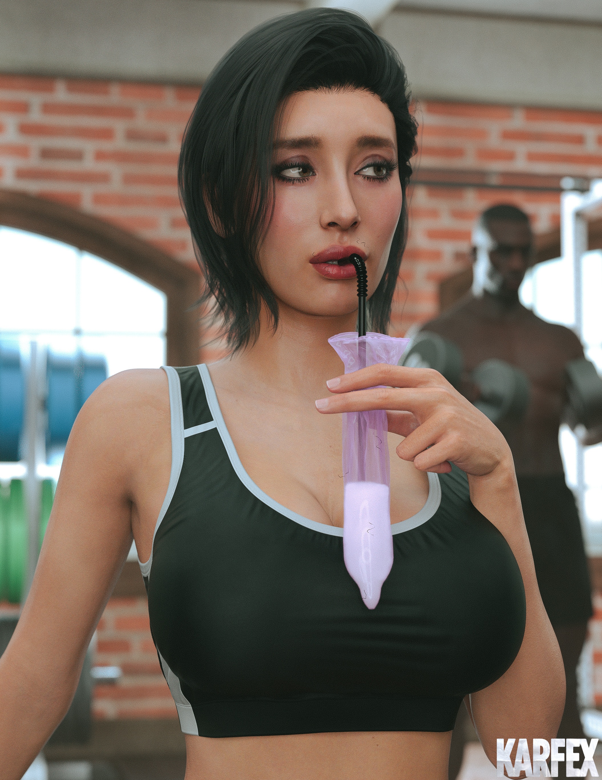 3d, ashley (karfex), ashley halton, big breasts, breasts, brown hair, cheating, cheating wife, condom, cum in condom, dark skin, dark-skinned male, drinking, drinking cum, drinking from condom, duo, eyeshadow, female, filled condom, gym, huge breasts, interracial, karfex, light skin, light-skinned female, male, male/female, original, original character, pubic hair, pubic hair on face, realistic, shirtless, shirtless male, sports bra, straw, stray pubic hair, used condom, very high resolution, weights