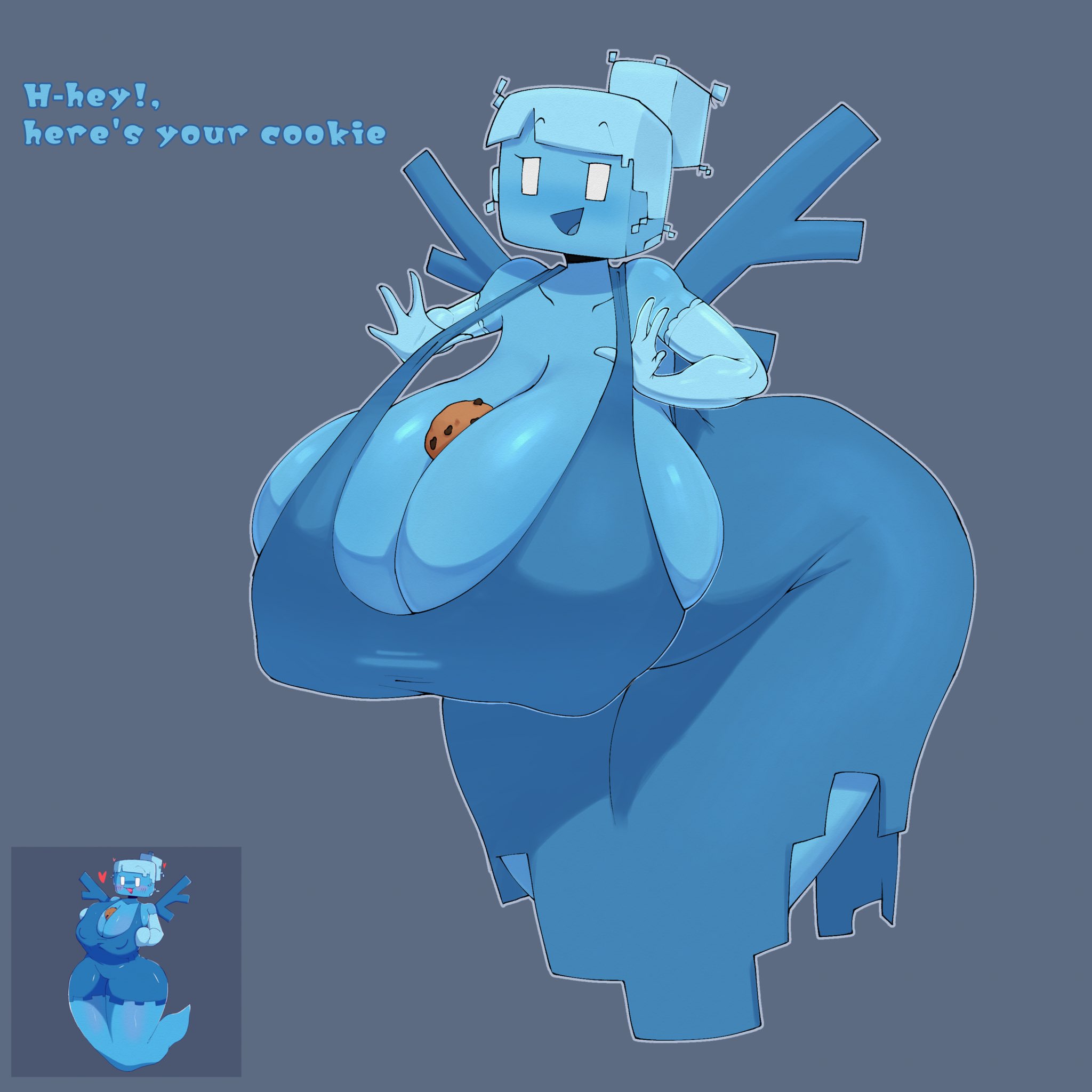 1girls, allay (minecraft), arm sleeves, armwear, big breasts, big thighs, blue hair, blue skin, blush, boobs, breasts, clothing, cookie, dress, elbow gloves, female, ghost tail, gloves, huge boobs, huge breasts, hyper, hyper ass, hyper breasts, megamor, minecraft, nipple bulge, remake, simple background, text, thighs, white eyes, wings