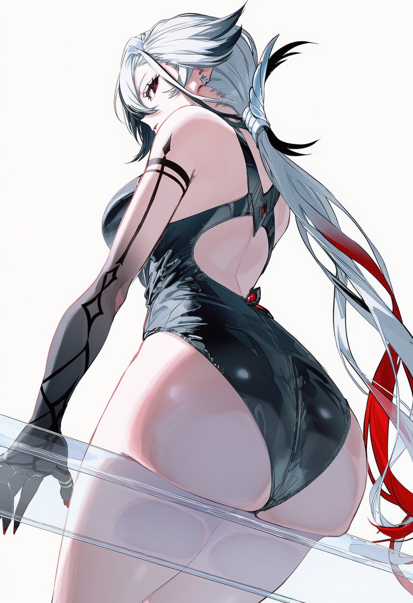 1girls, 2d, 2d (artwork), ai generated, arlecchino (genshin impact), ass, ass focus, back, back view, big ass, black hair, black swimsuit, breasts, female, female focus, female only, genshin impact, light skin, light-skinned female, long hair, looking at viewer, looking back, looking back at viewer, low-angle view, mature, mature female, medium breasts, one-piece swimsuit, red eyes, red hair, simple background, sitting, solo, solo female, solo focus, swimsuit, timmytommy, two-tone hair, voluptuous, voluptuous female, white background, white hair