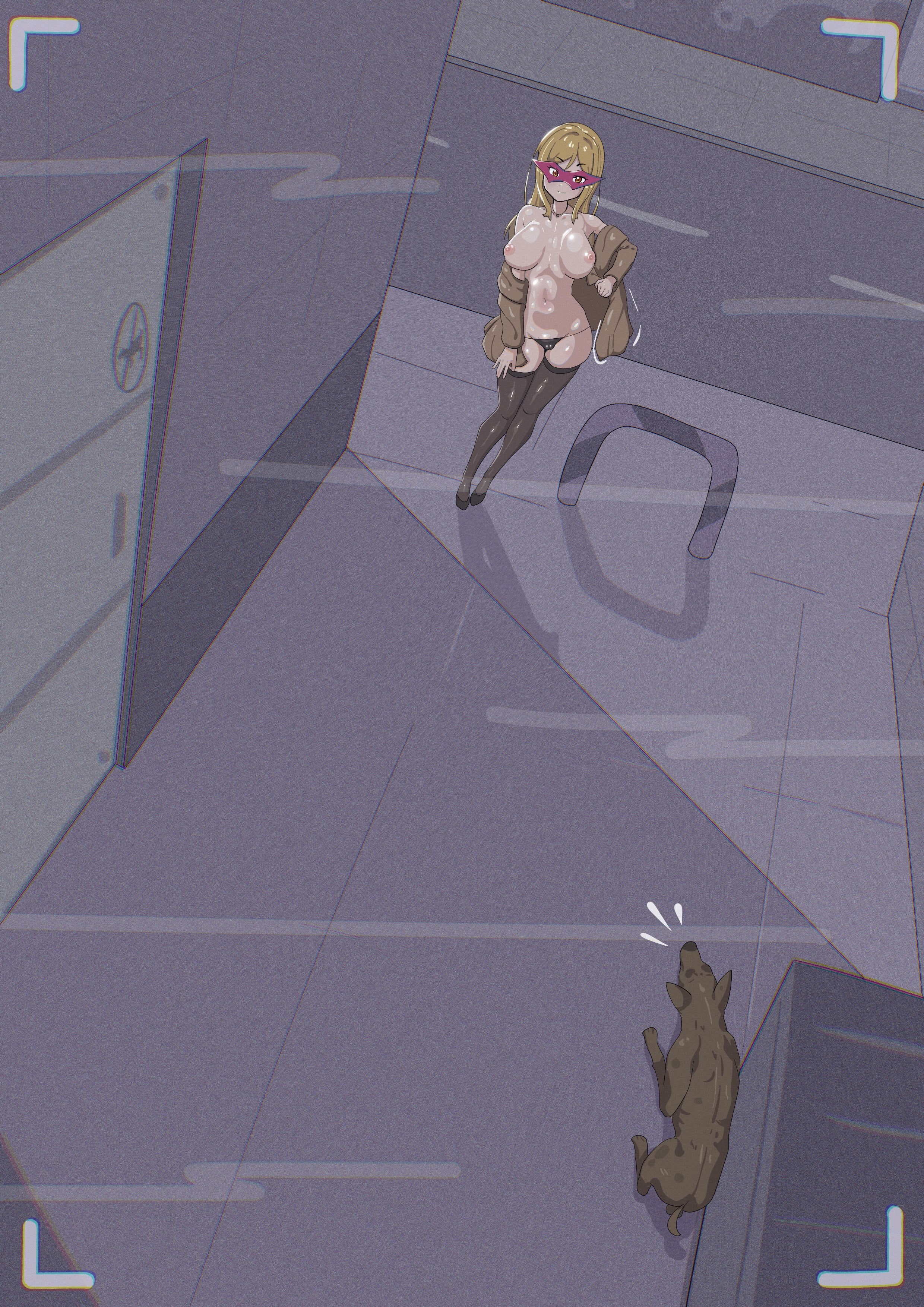 2025, 2d, alley, big breasts, bikini bottom, blonde hair, cameltoe, camera, camera pov, camera view, canine, canine on human, clothes pull, eye mask, face mask, female on feral, feral, feral on female, feral on human, filming, high heels, human female, human on feral, idolmaster, idolmaster million live!, imminent bestiality, imminent sex, large breasts, light skin, light-skinned female, mask, momose rio, outdoors, puffy pussy, recording, seducing, seduction, seductive, seiranaichi, smile, smiling, stockings, taking clothes off, thighhighs, voluptuous, zoophilia