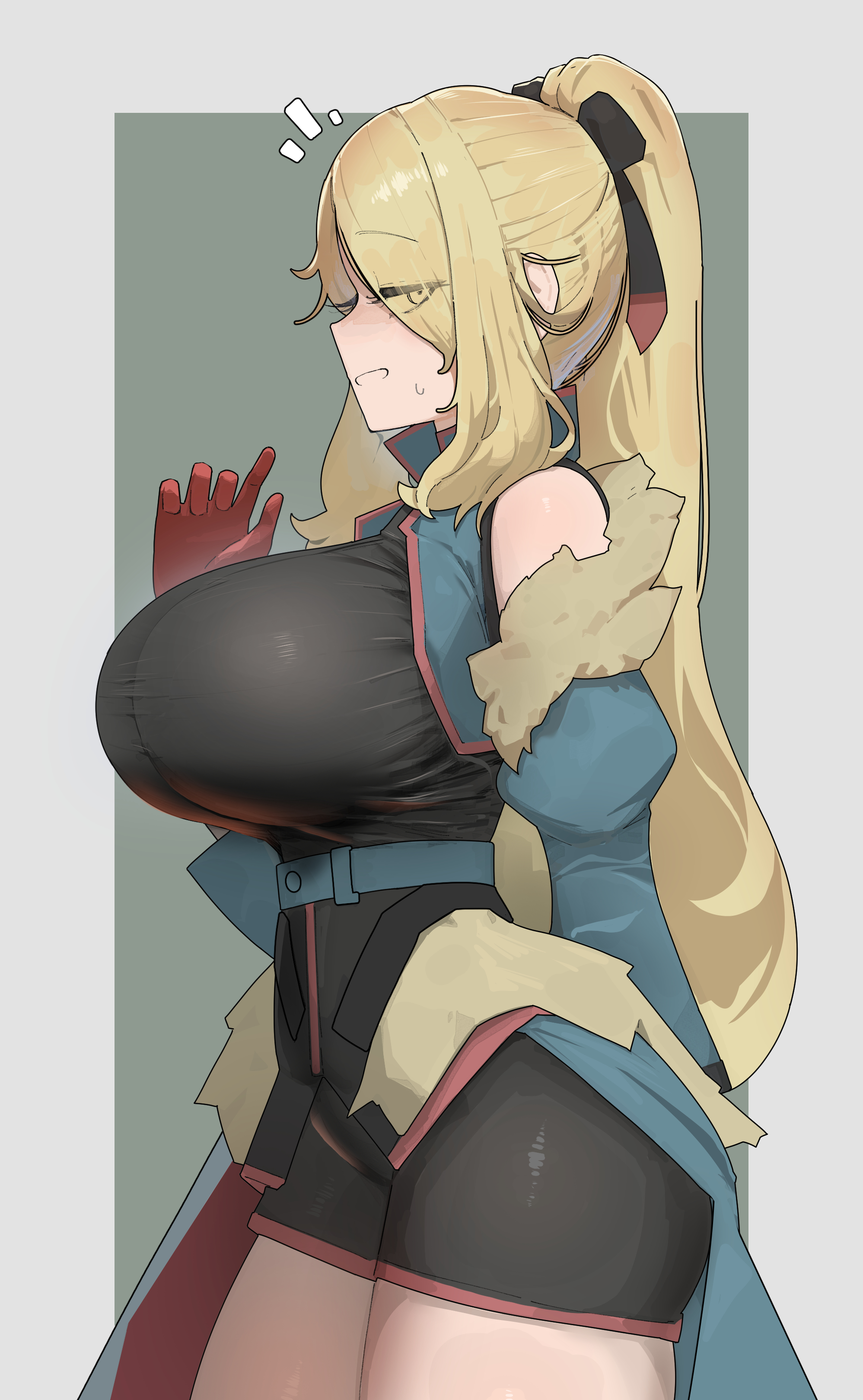 1girls, absurdres, alternate costume, arm behind back, azz0422, blonde hair, breasts, cynthia (pokemon), eyes visible through hair, female, female only, from side, fur trim, gloves, hair over one eye, high ponytail, highres, large breasts, long hair, nintendo, notice lines, official alternate costume, official alternate hairstyle, pokemon, pokemon dppt, pokemon masters, pokemon masters ex, ponytail, red gloves, sideways glance, solo, sygna suit cynthia (aura), very long hair, waving