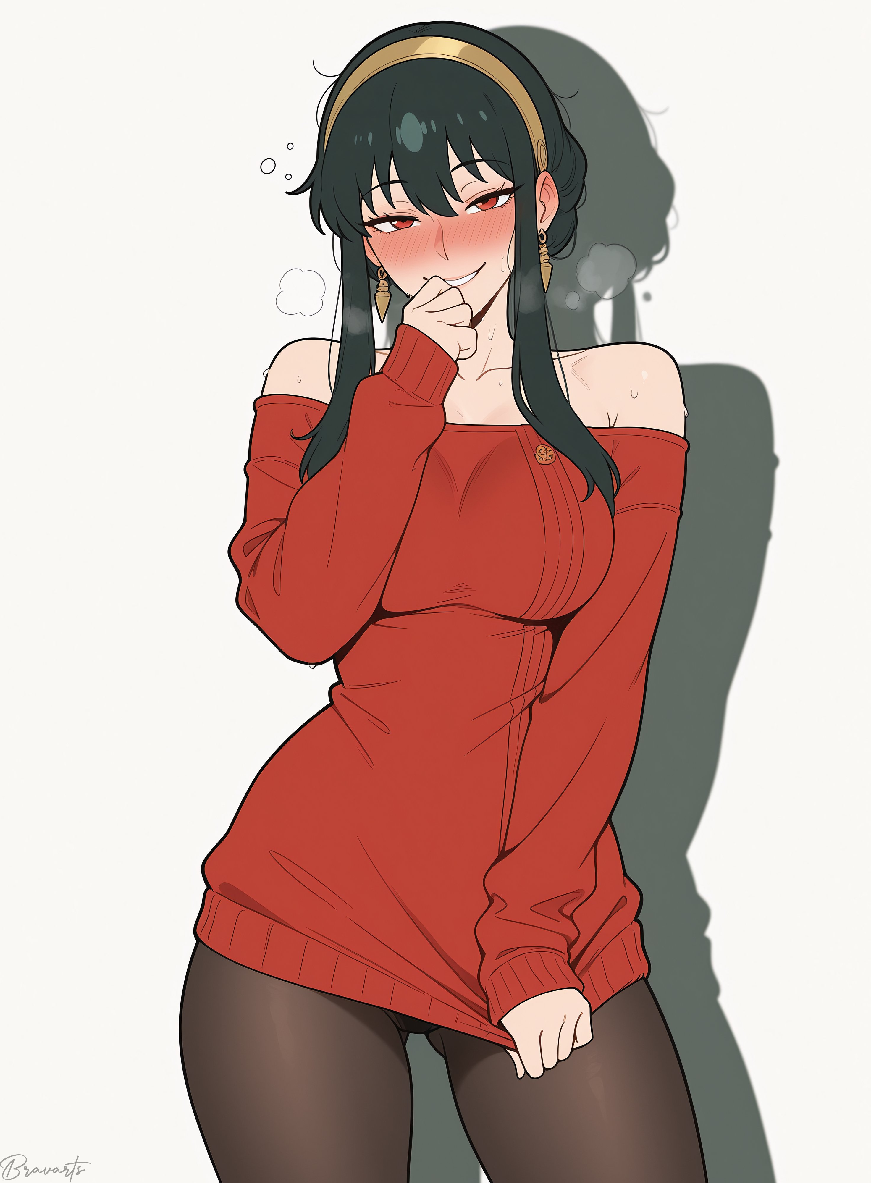 1girls, ai generated, artist name, bare shoulders, big breasts, black hair, female, female focus, female only, hairband, human, red sweater, sidelocks, solo, spy x family, sweater, tagme, yor briar, yor forger