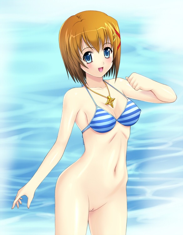 bikini_top blue_eyes blush bottomless brown_hair female hayate_yagami human kakogawa_tarou lyrical_nanoha mahou_shoujo_lyrical_nanoha mahou_shoujo_lyrical_nanoha_strikers navel nude pussy short_hair solo uncensored