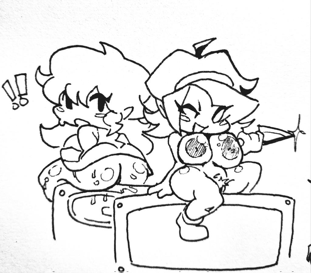 2girls, big ass, big breasts, big nipples, fat ass, friday night funkin, girlfriend (friday night funkin), huge breasts, justinsketches, large breasts, looking at partner, looking back, nene (newgrounds), newgrounds, round ass, sitting, sitting on box, sketch, sweatdrop