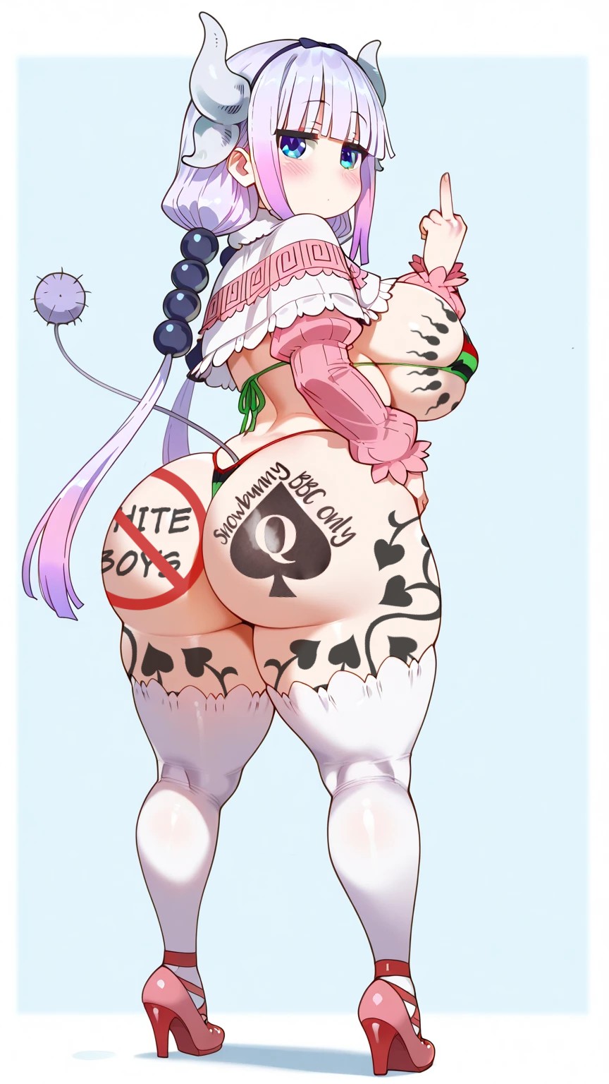 1girls, ai generated, aisunshine, ass, bbc only tattoo, bbc slave, beads, big ass, big breasts, big butt, big legs, big thighs, bikini, bikini bottom, bikini top, blacked, blue eyes, blush, breasts, butt cheeks, buttcheeks, buttocks, capelet, curvaceous, curvaceous body, curvaceous female, curvaceous figure, curvy, curvy body, curvy female, curvy figure, dragon girl, dragon horns, full body, half dressed, half dressed female, half naked, half naked female, half nude, half nude female, heels, hips wider than shoulders, horns, huge ass, huge breasts, huge butt, huge legs, huge thighs, kanna kamui, kobayashi-san chi no maidragon, large ass, large breasts, large butt, large legs, large thighs, large tits, legs, light skin, light skinned female, long sleeves, middle finger, pan african colors, pan-african colors, pan-african flag, pan-african flag bikini, perfect body, pink clothing, pink heels, purple hair, qos, qos tattoo, queen of spades, queen of spades symbol, queen of spades tattoo, sexy, sexy body, simple background, snowbunny, snowbunny tattoo, sperm circle, sperm circle tattoo, standing, stockings, tail, tattoo, tattoo on ass, tattoo on butt, tattoo on chest, tattoo on legs, tattoo on thigh, tattoos, tattoos everywhere, thick, thick ass, thick breasts, thick butt, thick legs, thick thighs, thick tits, thighhighs, thighs, twintails, white clothing, white hair, white stockings, white thighhighs