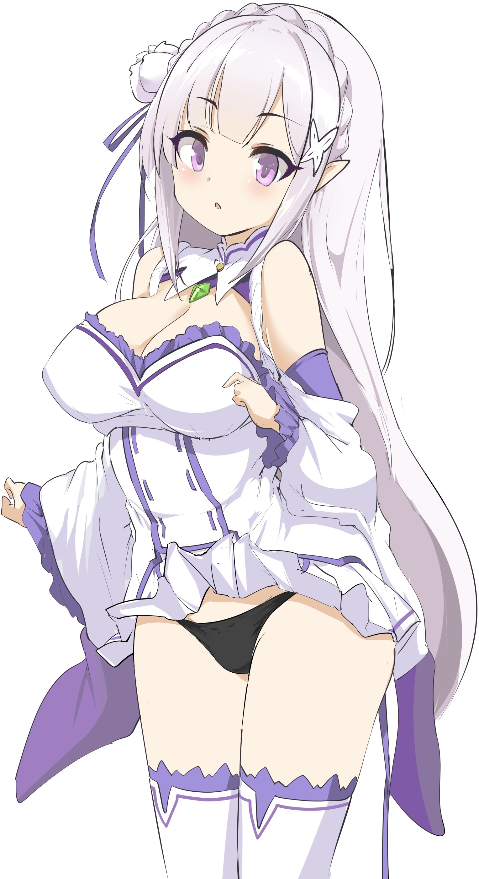 black panties, black underwear, blush, breasts, emilia (re:zero), flashing, flashing panties, flashing underwear, large breasts, long hair female, miniskirt, momio, panties, re:zero kara hajimeru isekai seikatsu, skirt, skirt lift, skirt up, solo, thighhighs, underwear, upskirt, white hair, white hair female, white skirt, wind, wind lift