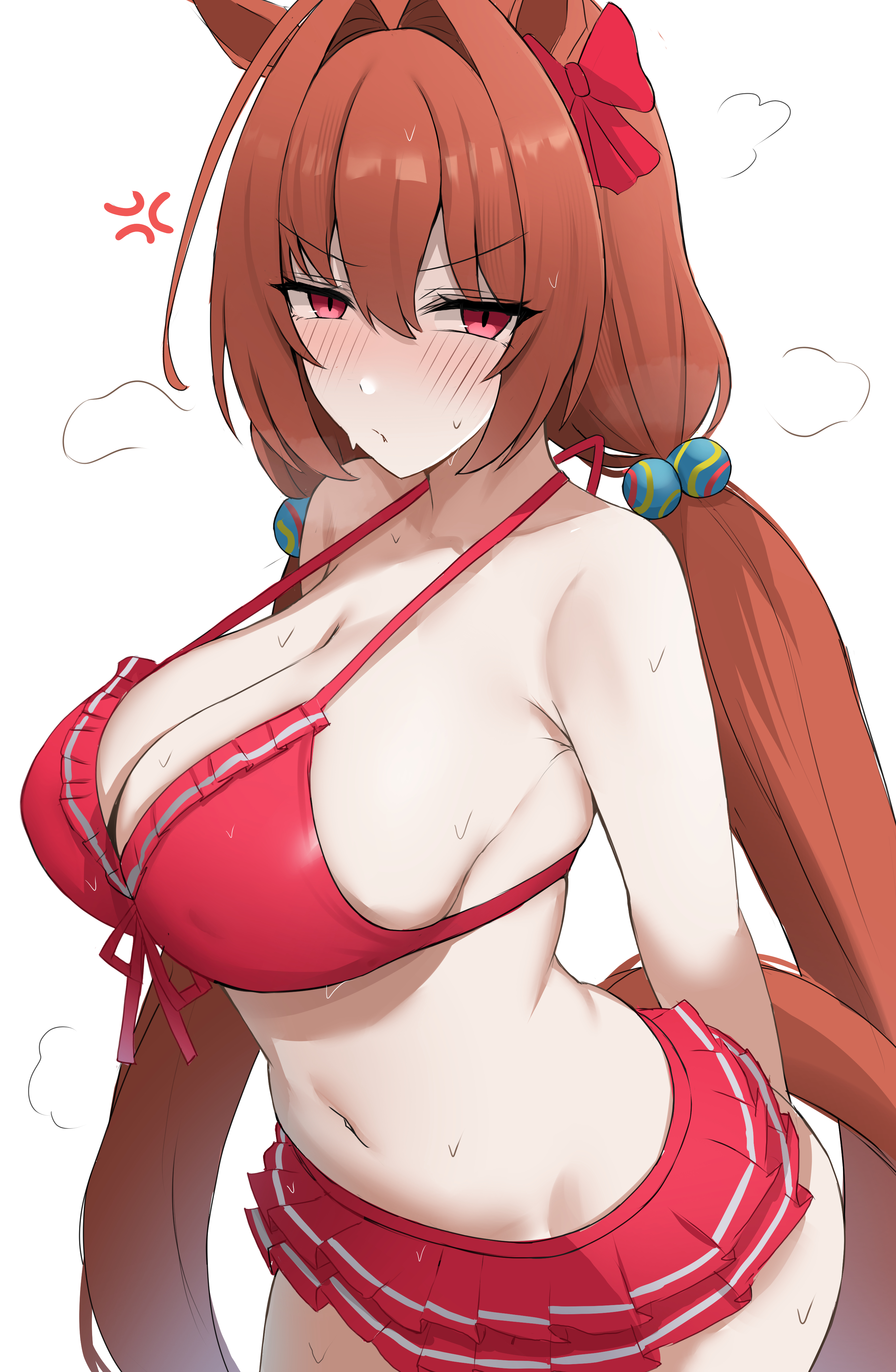 absurdres, animal ears, bikini, bikini skirt, blush, breasts, brown hair, brown tail, cleavage, closed mouth, commentary, daiwa scarlet (mini vacation) (umamusume), daiwa scarlet (umamusume), female, female only, frilled bikini, frills, front-tie bikini top, front-tie top, hair between eyes, hair bobbles, hair intakes, hair ornament, highres, horse ears, horse girl, horse tail, large breasts, long hair, looking at viewer, low twintails, namikare, navel, official alternate costume, official alternate hairstyle, red bikini, red eyes, simple background, solo, swimsuit, tail, twintails, umamusume, v-shaped eyebrows, very long hair, wet, white background