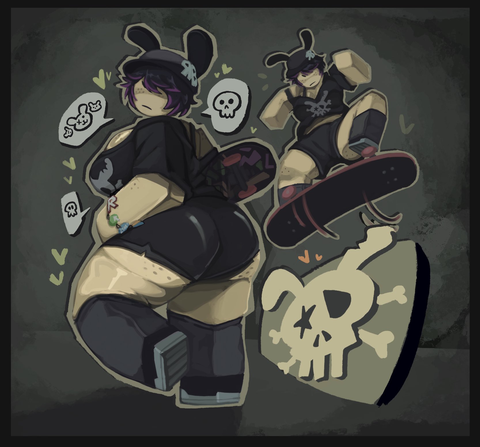 :/, 1girls, 2025, ass, belly button, big ass, big breasts, black bunny ears, black hair, black shirt, black shoes, black shorts, black sleeves, black socks, blocky body, bracelet, breasts, bunny ears, bunny ears (cosmetic), cap, clothed, clothed female, clothing, commission, female, female only, freckles, freckles on ass, freckles on breasts, freckles on face, fully clothed, fully clothed female, hair over one eye, hat, heart, hearts around body, hearts around head, krnqle, long socks, looking at viewer, looking to the side, midriff, motion lines, off shoulder, original character, outline, purple hair, purple highlights, roblox, roblox avatar, robloxian, sfw, shirt, shoes, short hair, short sleeves, shorts, sideboob, simple background, skateboard, skateboarding, sleeves, socks, solo, speech bubble, spoken skull, standing, stomach, thick thighs, thighs, two-tone hair, yellow skin