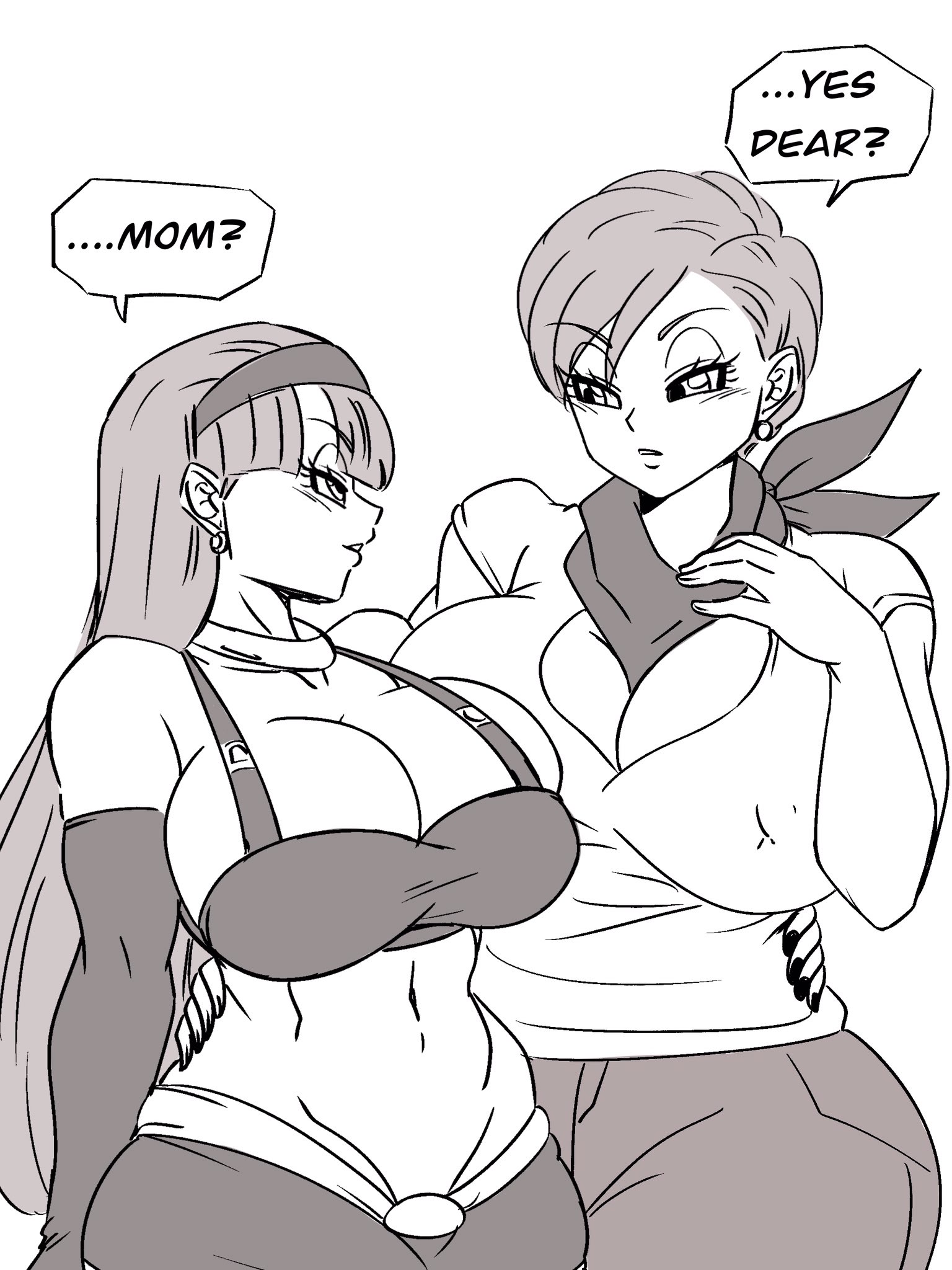 2girls, 3:4, aged up, big breasts, bra (dragon ball), bra briefs, breasts, bulma briefs, cleavage, darwaarts, dragon ball, dragon ball gt, dragon ball super, english text, female, female only, female saiyan, greyscale, hairband, huge breasts, large breasts, long hair, milf, mother and daughter, multiple girls, navel, saiyan, scarf, short hair, text, yuri
