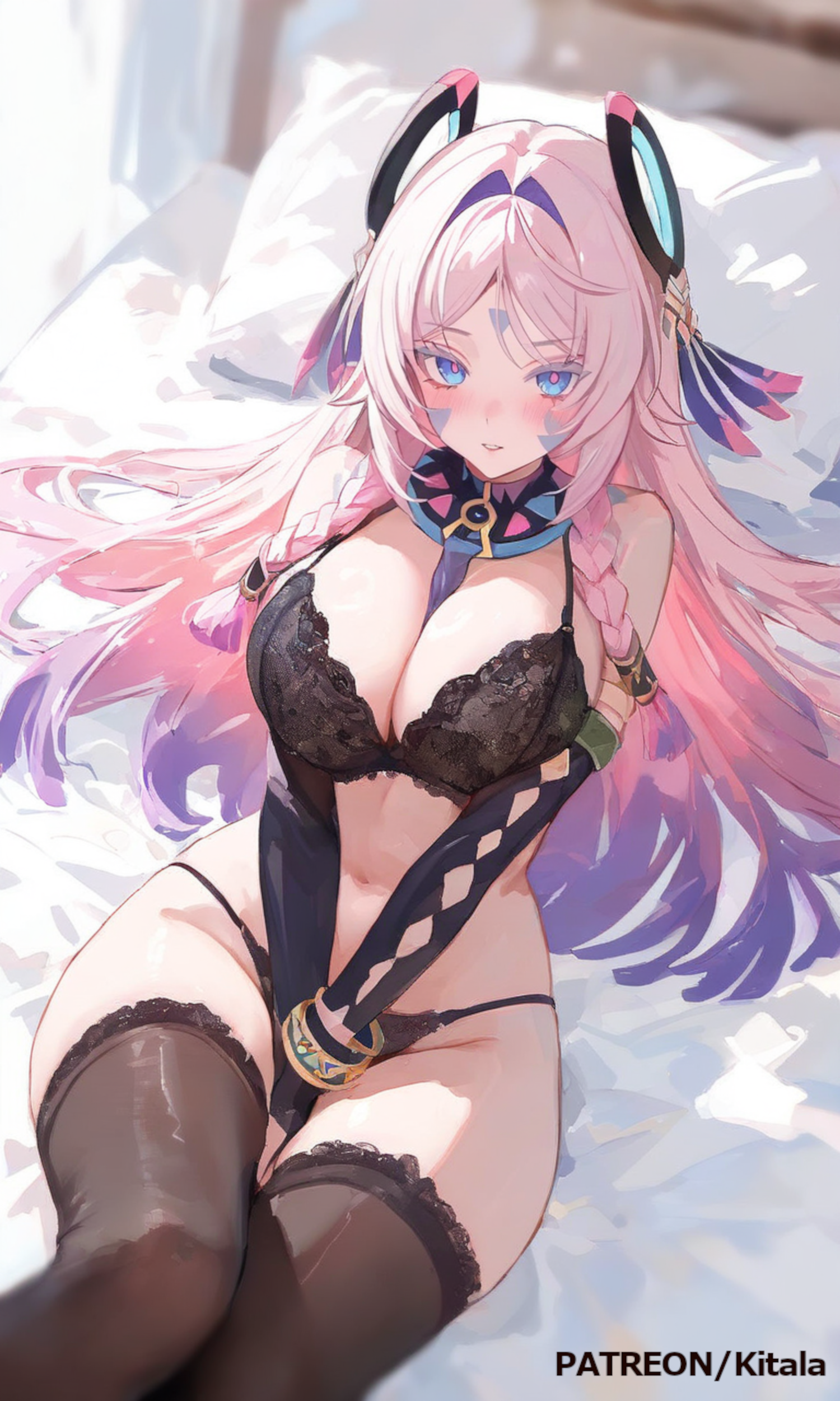 1girls, absurdres, ai generated, bed, between breasts, between legs, big breasts, blue eyes, blunt tresses, blush, bra, braid, breasts, citlali (genshin impact), cleavage, closed mouth, facial mark, female, female only, floating headgear, genshin impact, gradient hair, hair intakes, hand on head, headgear, highres, indoors, kitala, large breasts, legwear, lingerie, lingerie only, lips, long hair, looking at viewer, low twin braids, multicolored hair, navel, panties, pillow, pink hair, pink pupils, sexy, solo, stomach, thick thighs, triangle facial mark, twin braids
