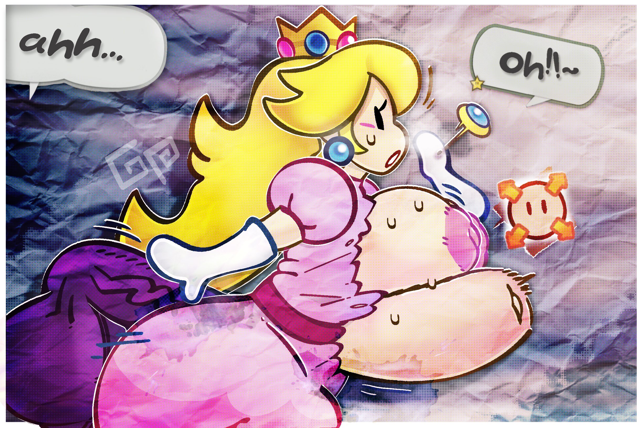 1boy, 1girls, blonde hair, crown, disembodied penis, female, from behind, fucked silly, generalplorp, gloves, long hair, male, mario (series), nintendo, paper mario, paper peach, princess peach, ripped clothing, stomach bulge, text, vivian (paper mario)