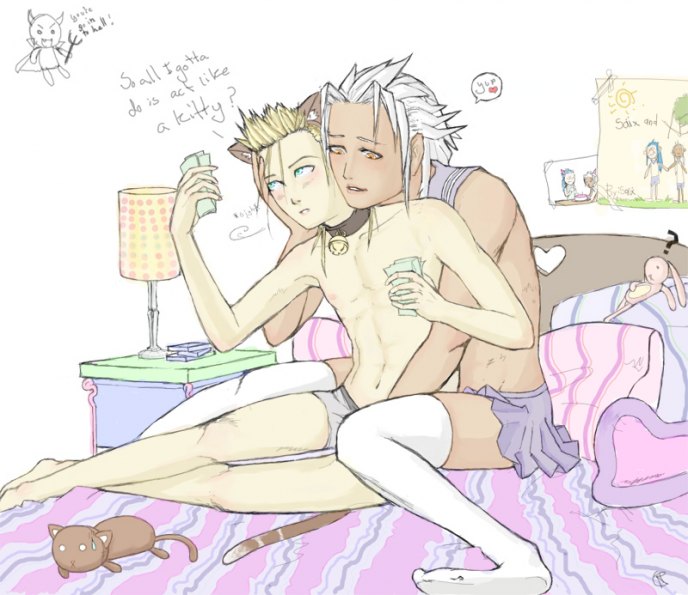 2boys animal_ears bell blonde_hair cat_ears collar crossdressing demyx disney gay handjob kingdom_hearts male male_only multiple_boys penis silver_hair skirt square_enix thighhighs underwear xemnas yaoi