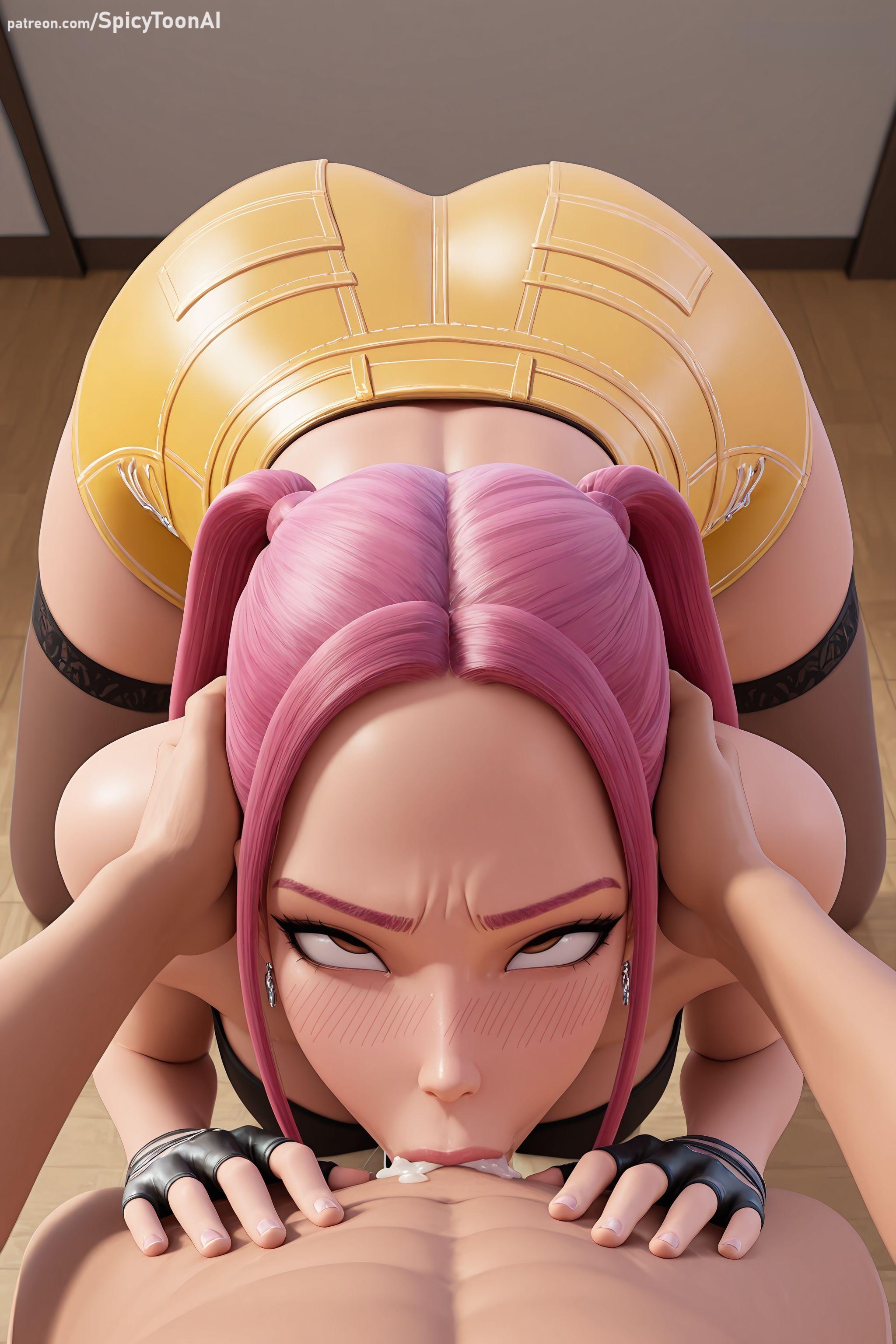 1boy, ai generated, artist name, ass, bent over, breasts, brown eyes, clothed female nude male, cum, cum in mouth, deepthroat, ear piercing, earrings, eyeshadow, fellatio, female, fingerless gloves, garter belt, gloves, half-closed eyes, hi res, high quality, high resolution, jewelry, kpop demon hunters, looking at viewer, makeup, mascara, mira (kpop demon hunters), oral, overflow, patreon, patreon username, penis, pink hair, pov, seductive, sexy, solo focus, spicytoonai, straight, thighhighs, uncensored, watermark, web address