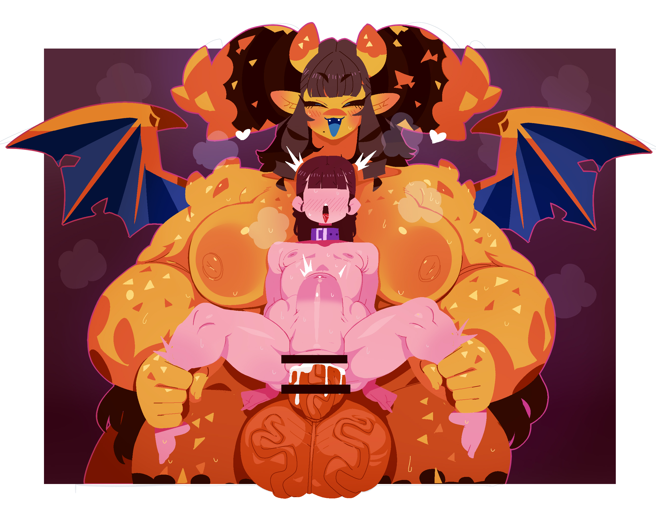 1futa, 1futa1girl, 1girl1futa, 1girls, alternate version available, areolae, censored, collar, female, female focus, futa on female, futanari, huge areolae, huge breasts, lovemon encyclopedia (akan mori), naked, nipples, sarikyou, stomach bulge, textless, vaginal penetration, yellow skin