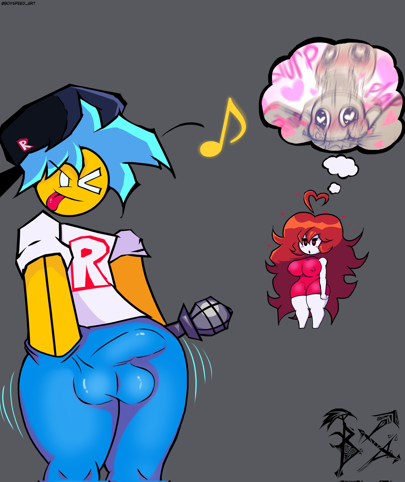 auburn hair, balls bulge, balls visible through clothing, big ass, big bulge, bloxxin'funk, boyfriend (bloxxin'funk), boyfriend (friday night funkin), boyspeed art, bulge, clothed, clothing, dress, erect nipples, erect penis, erection, friday night funkin, friday night funkin mod, girlfriend (bloxxin'funk), girlfriend (friday night funkin), large breasts, long hair, looking at partner, nipple bulge, nipples visible through clothing, penis visible through clothing, roblox, robloxian, thick thighs, thighhighs, thighs, thinking, thinking about penis, thinking about sex, thinking with portals, white body, yellow body